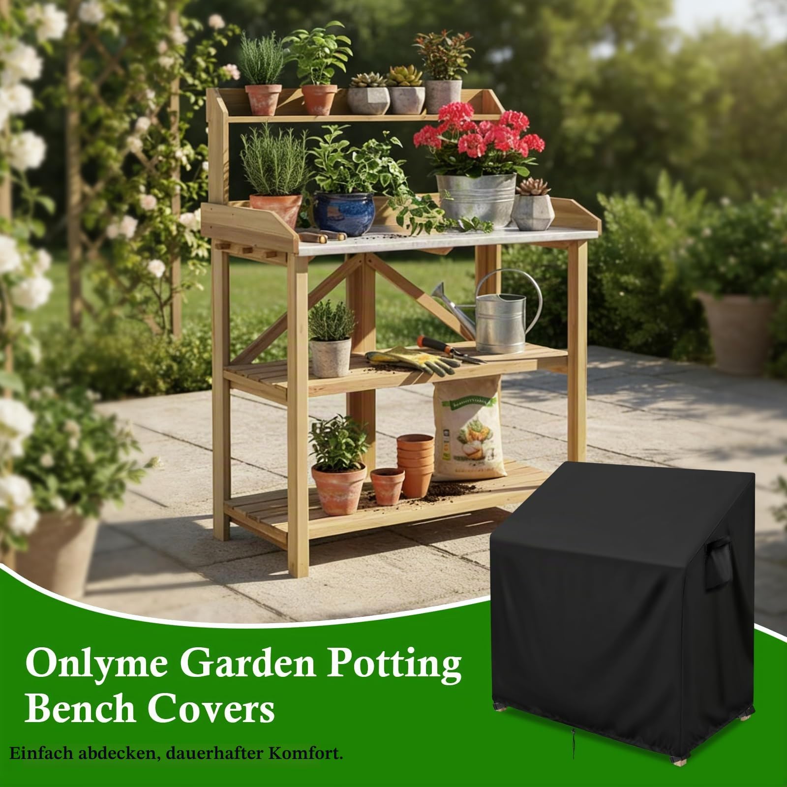 Onlyme Pflanzbankabdeckung – Wasserdichte, Staubdichte und Winddichte Abdeckung für Outdoor-Küche, Grillstation/Pflanzschuppen, Gartenarbeitstisch, 115 x 51 x 124 cm, Schwarz