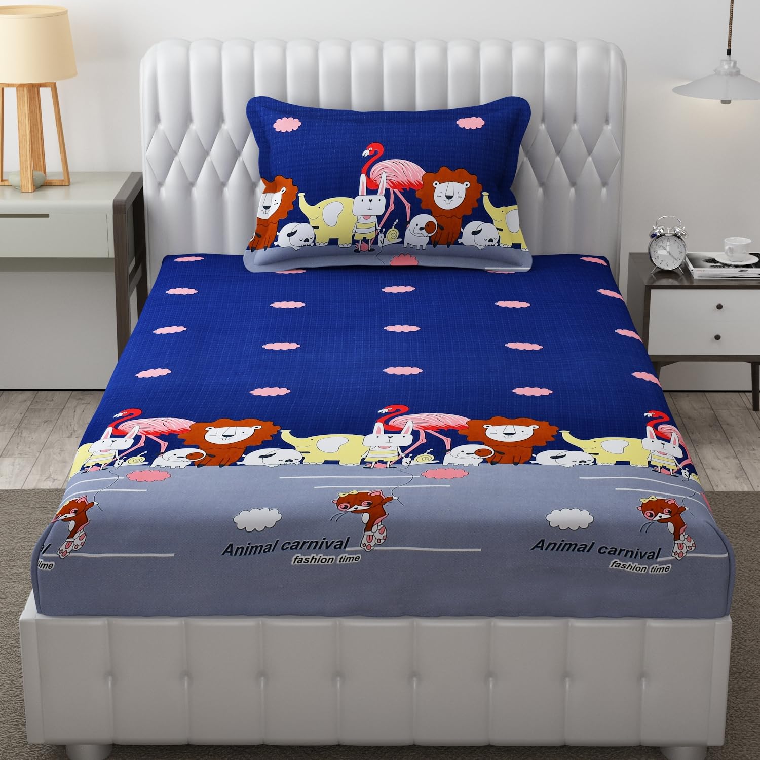 FRESH FROM LOOM Glace Cotton Wrinkle Free Soft Hypoallergenic Bed Sheet | Cartoon Printed Single Bedsheet Size for Kids with 2 Pillow Cover (60x90 Inches/Dinosaur/Blue)