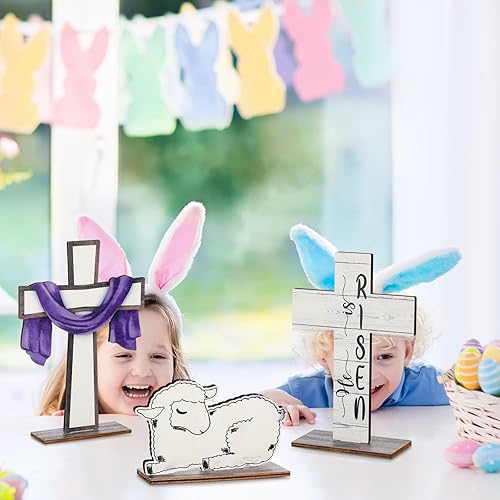 Miniatura 5 de Suzile 3 piezas de decoraciones de Pascua con texto en inglés "He is Risen", decoración de mesa, centros de mesa religiosos con texto en inglés "He