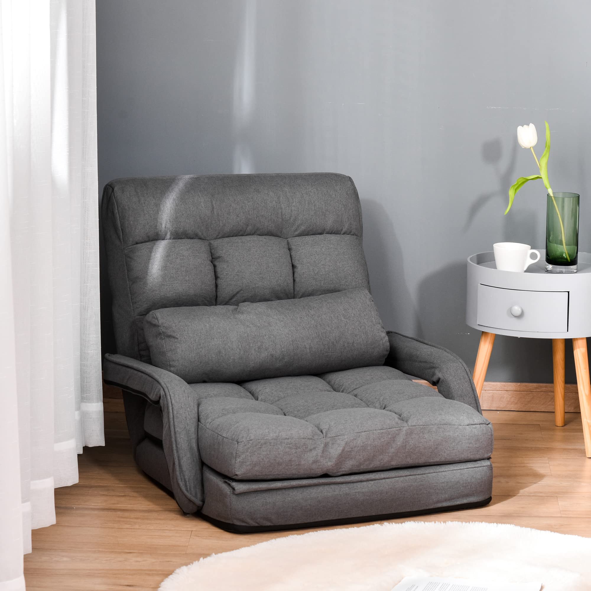 HOMCOM Bodenstuhl Bodensessel mit 5-Fach Verstellbarer Rückenlehne, Lendenkissen, Schlafsessel Bodensofa Gepolstert Lazy Sofa für Wohnzimmer Gaming & Lesen Dunkelgrau