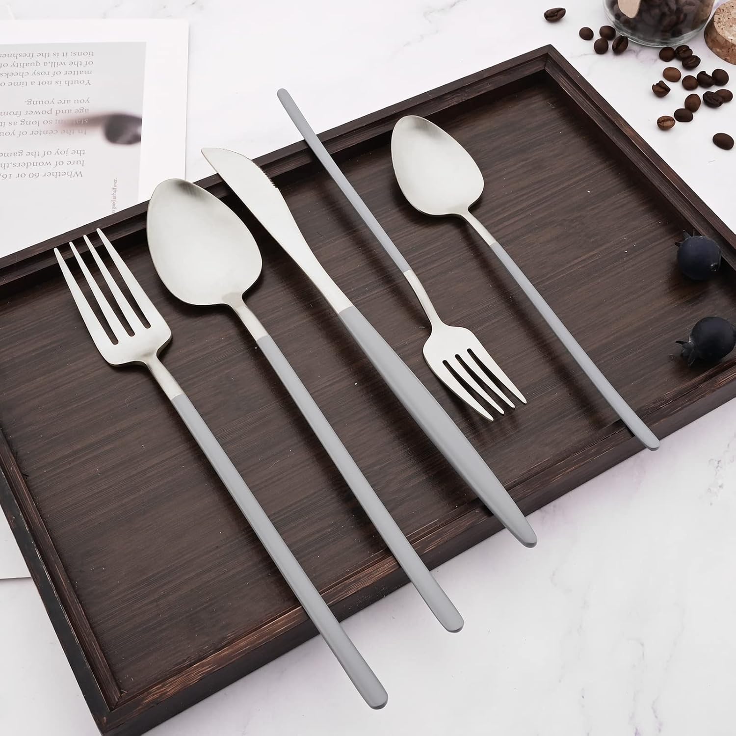 20 Pcs Silverware with Slim Handle, Grey and Silver Flatware Set, Food-Grade 304 Stainless Steel Cutlery Set for 4, Tableware Eating Utensils, Matte Finished, Dishwasher Safe