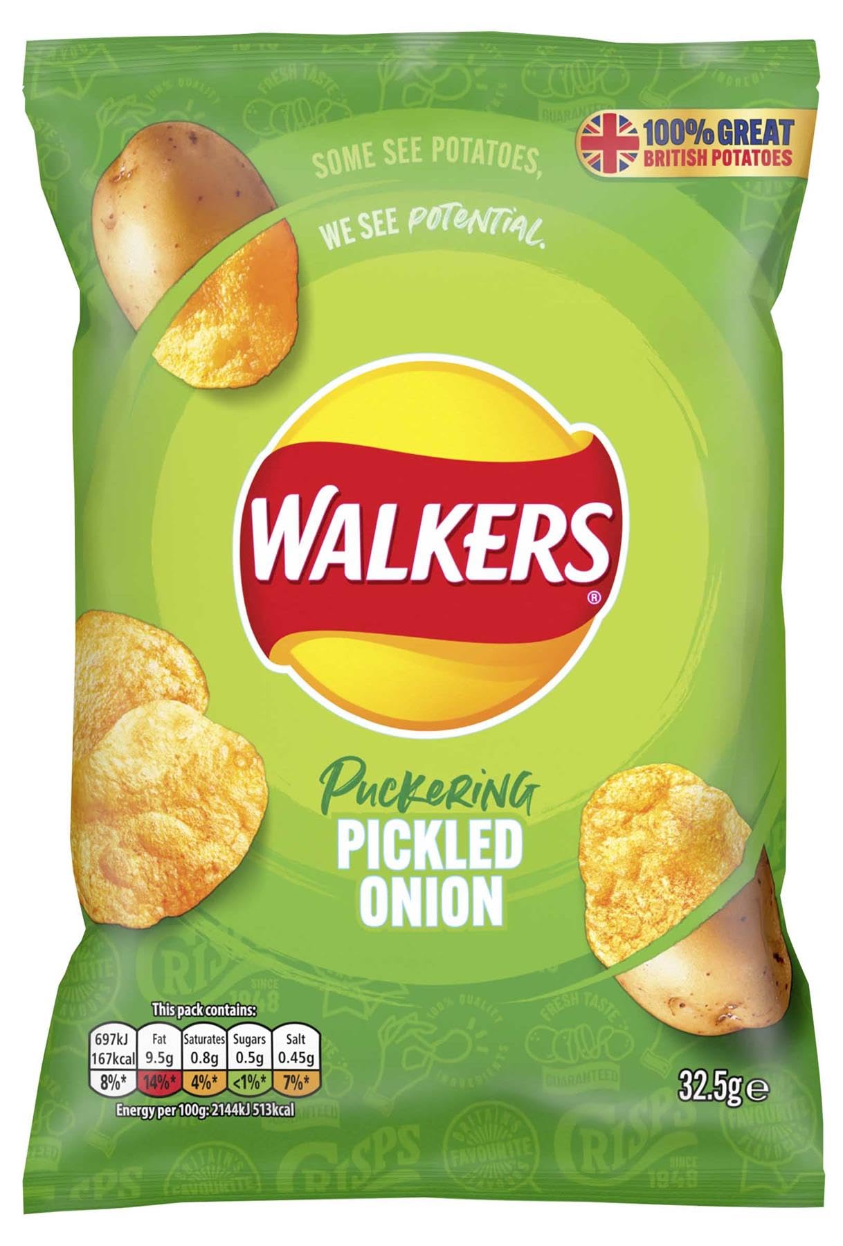 Walkers Pickled Onion Crisps, 32.5g Fresh Single Serve Bags (32 Bags x 32.5g)
