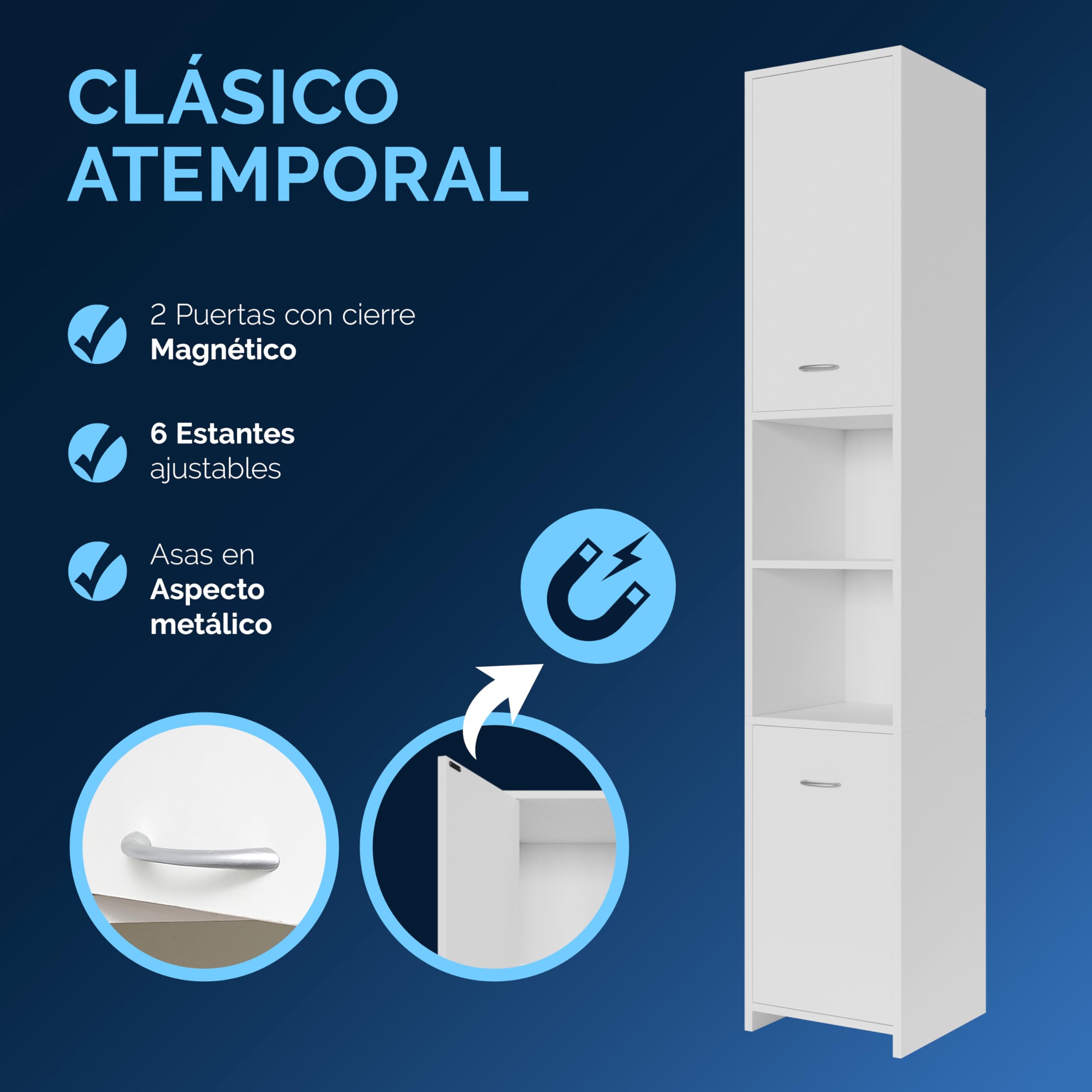 CASARIA® Armario de Baño Alto Estrecho de 180cm, 30 cm Ancho, Mueble, Columna de baño, Estantería Almacenaje, 6 Baldas Ajustables, 2 Puertas, Armarios Multiusos, Fondo 30cm, Blanco