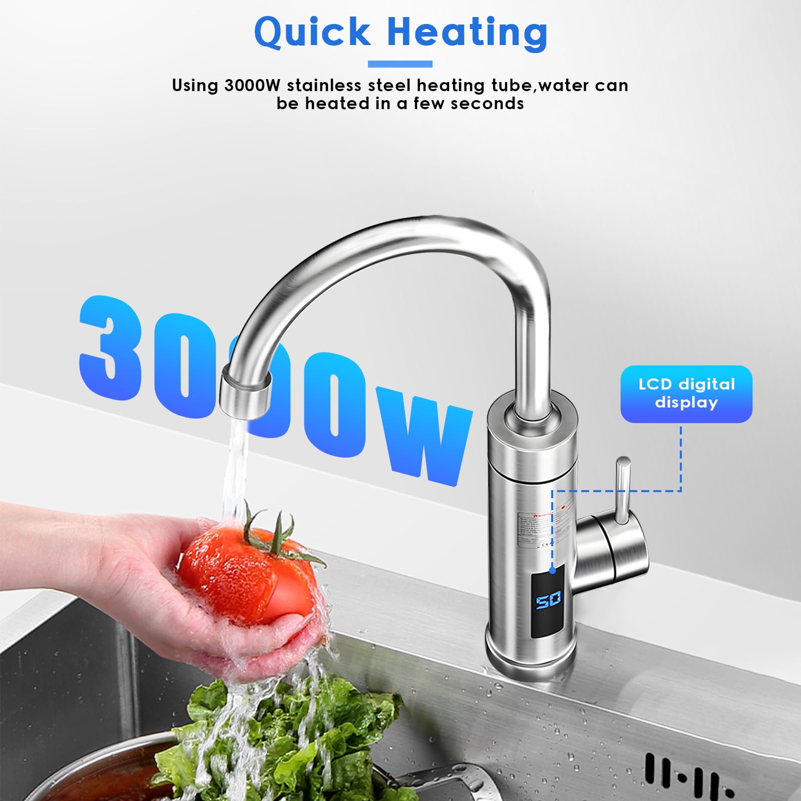 Robinet éLectrique de Chauffe-Eau Instantané en Acier Inoxydable, Robinet Chaud et Froid 3000 W, ThermomèTre Sans LED, Robinet D'Eau Chaude pour éVier de Cuisine, Robinet Rotatif à 360 °