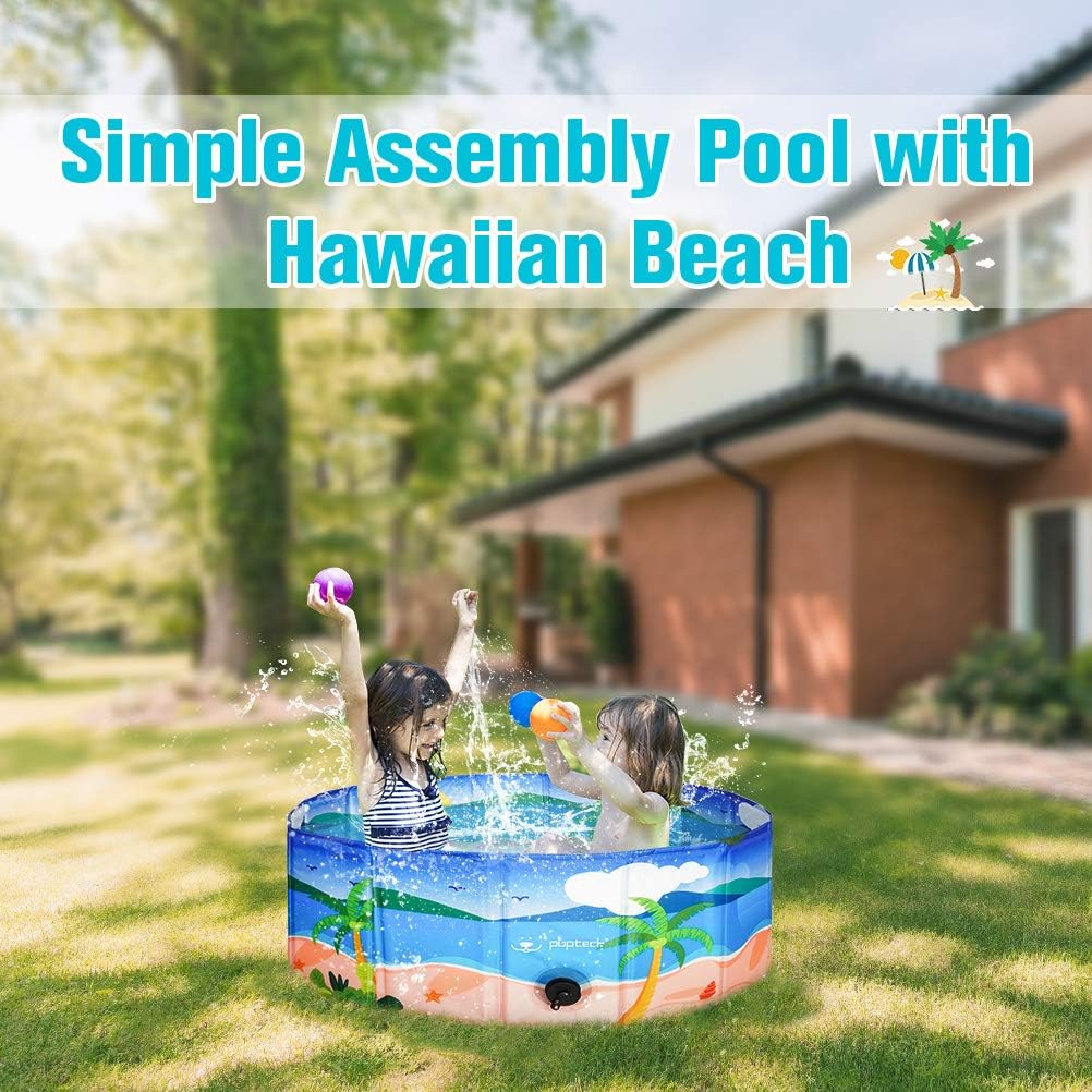 PUPTECK Dog Swimming Pool - Large Foldable Pet Pool Bathing Tub with Hawaiian Beach Printing Outdoor Bathtub Collapsible for Dogs and Kids Playing