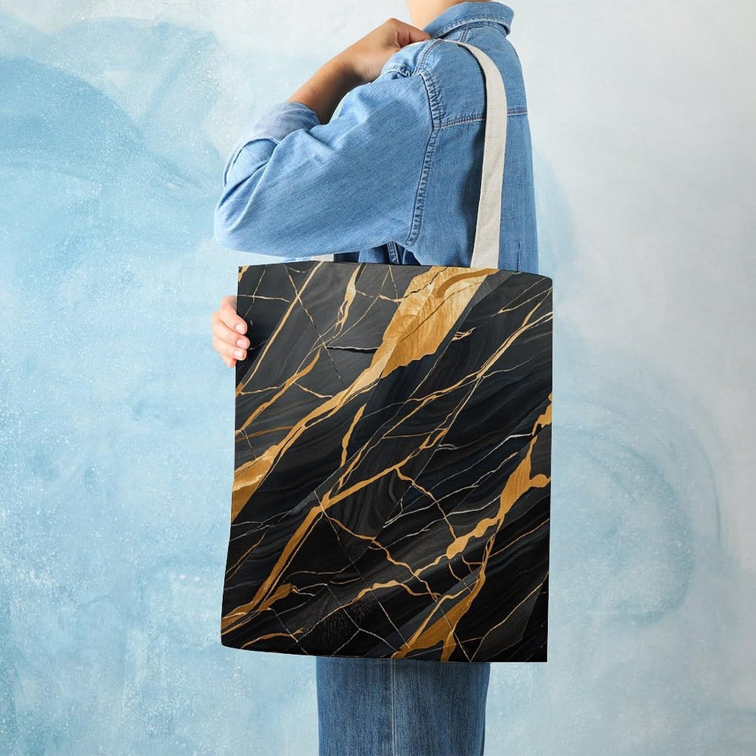 Black Marble Canvas Tote Bag Reusable Grocery Bags Foldable Soft Cotton Shoulder Carry Bag
