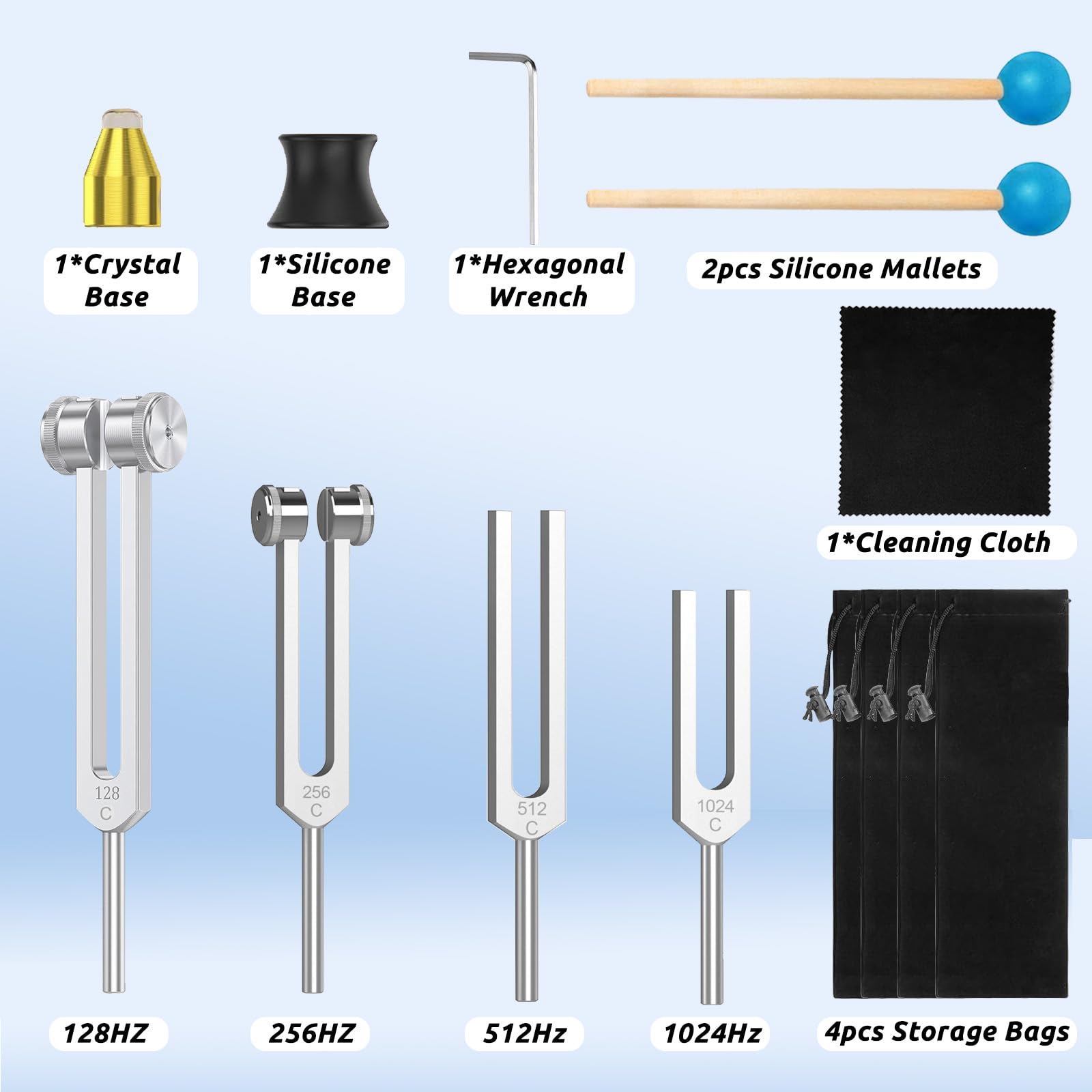 Diapasones Terapeuticos(4 piezas, 128 Hz, 256 Hz, 512 Hz, 1024 Hz), Diapason Musical, Set de Diapasones con Peso para Terapia de Chakras, Terapia de Sonido, Accesorios de Yoga y Meditación