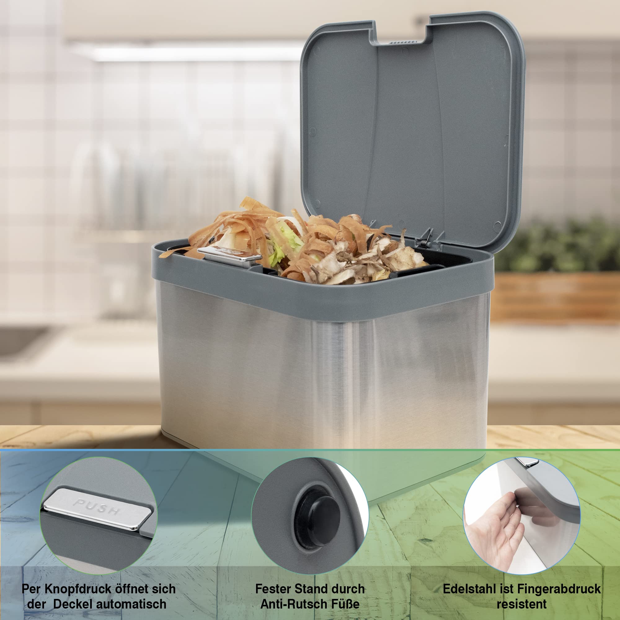 YourCasa® Biomülleimer Küche 4,3 L aus Edelstahl - geruchsdichter Bio Mülleimer mit Deckel & spülmaschinenfestem Inneneinsatz - hochwertiger Komposteimer & Biomüll Behälter klein (Grau)