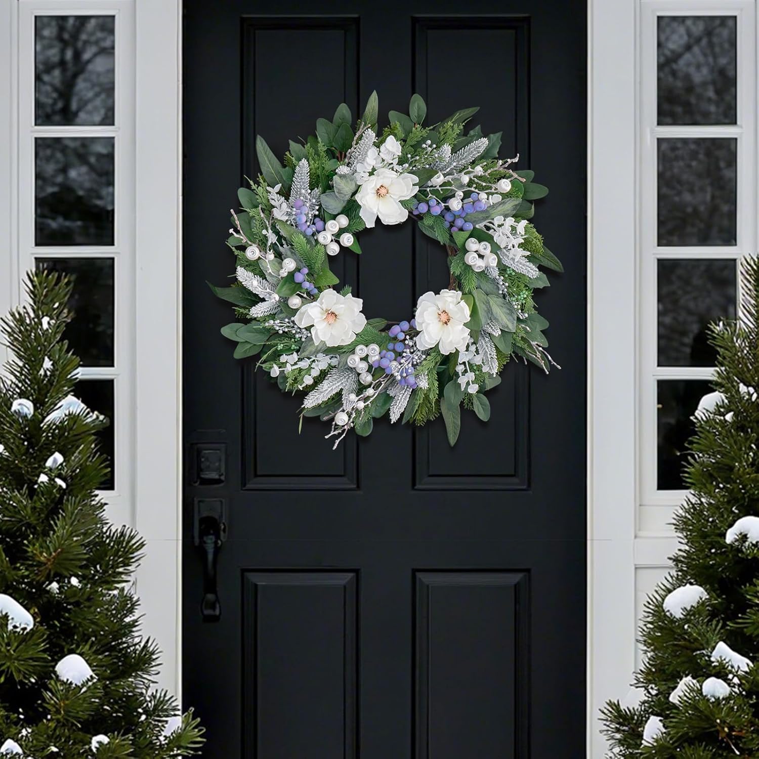 Winter Wreaths for Front Door 24 Inch Christmas & Winter Door Wreath with White Flowers, Blue Berries, Eucalyptus, Outdoor Christmas Wreath, Holiday Winter Home Décor