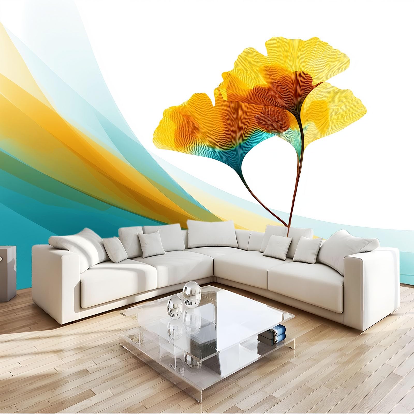 Carta da parati Fotomurale in una Versione su Misura 250 x 175 cm (L x A), Astratto Minimalismo Foglia Di Ginkgo Carta da Parati Murale (Blu-Verde) – per Soggiorno TV Hotel e Corridoio a Tema