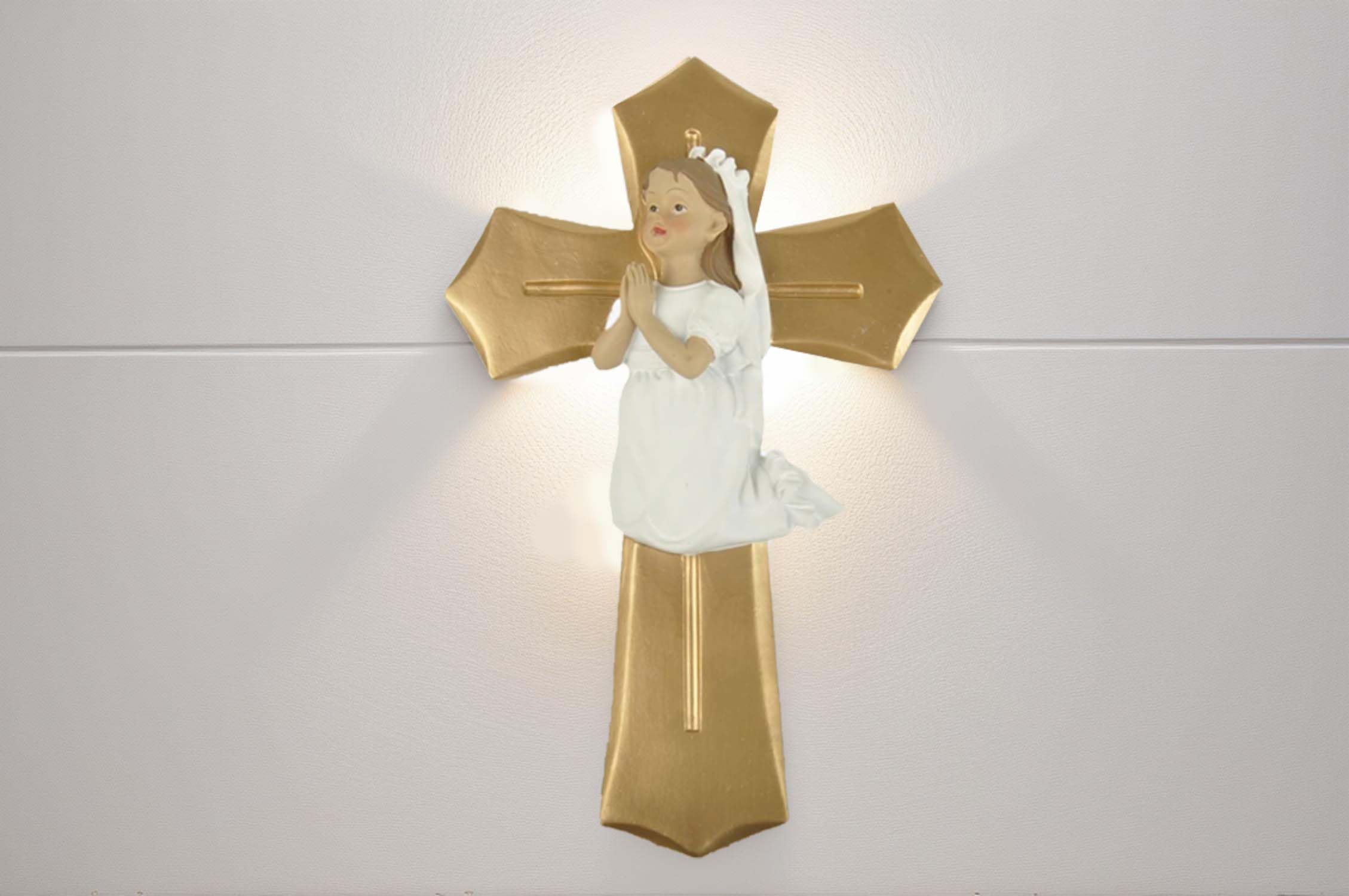PlentifulHome First Communion Girl Wall Cross – 7.87” Resin Catholic Cross with Kneeling Girl Figurine, Religious Wall Decor for Baptism, Finely Sculpted Wall Cross, Durable & Long-Lasting
