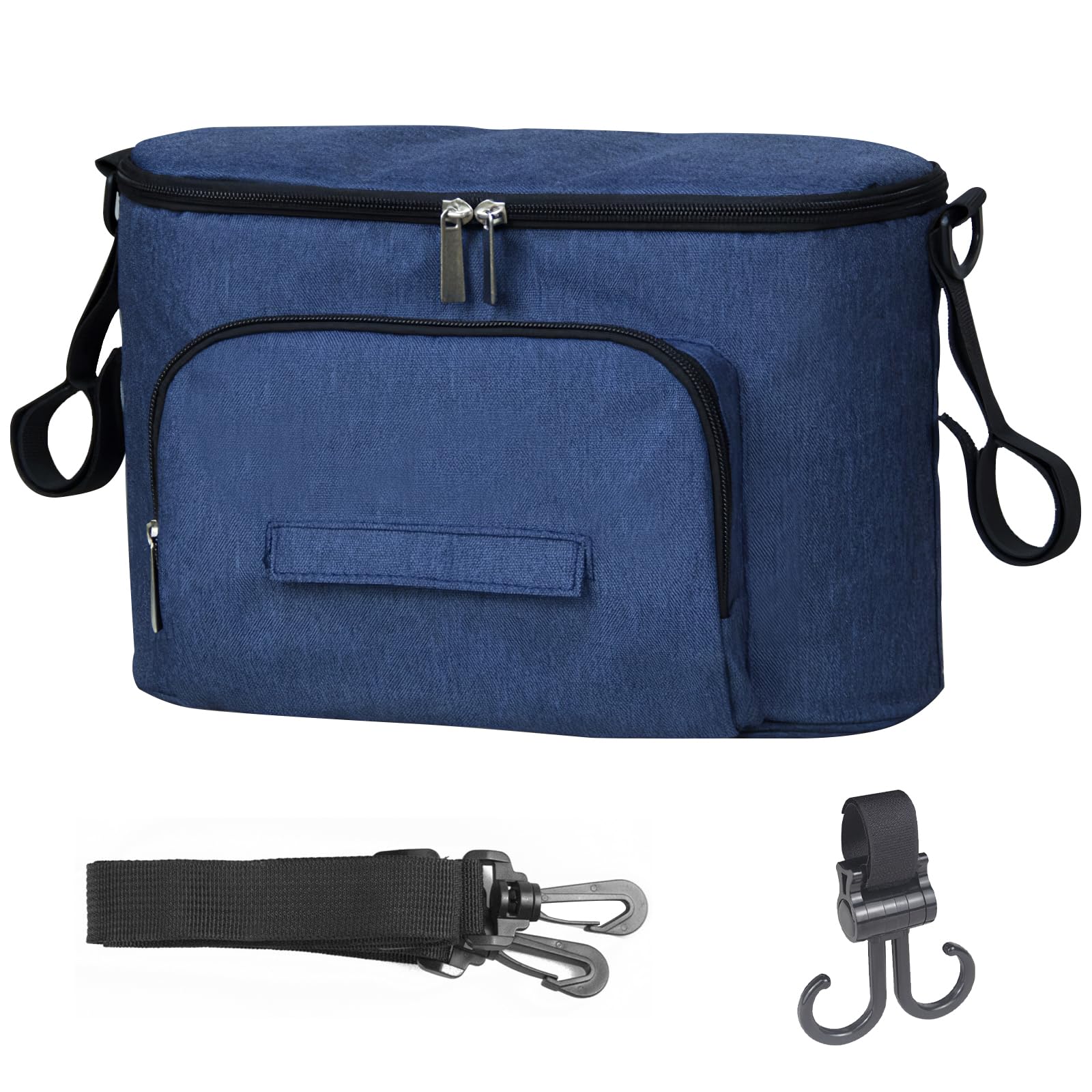 Bizcasa Kinderwagen Organizer, Universal Kinderwagentasche, Baby Kinderwagen Tasche, Baby Wickeltaschen mit Reißverschlusstasche, Becherhalter, Schultergurt und Großem Stauraum (Blau)