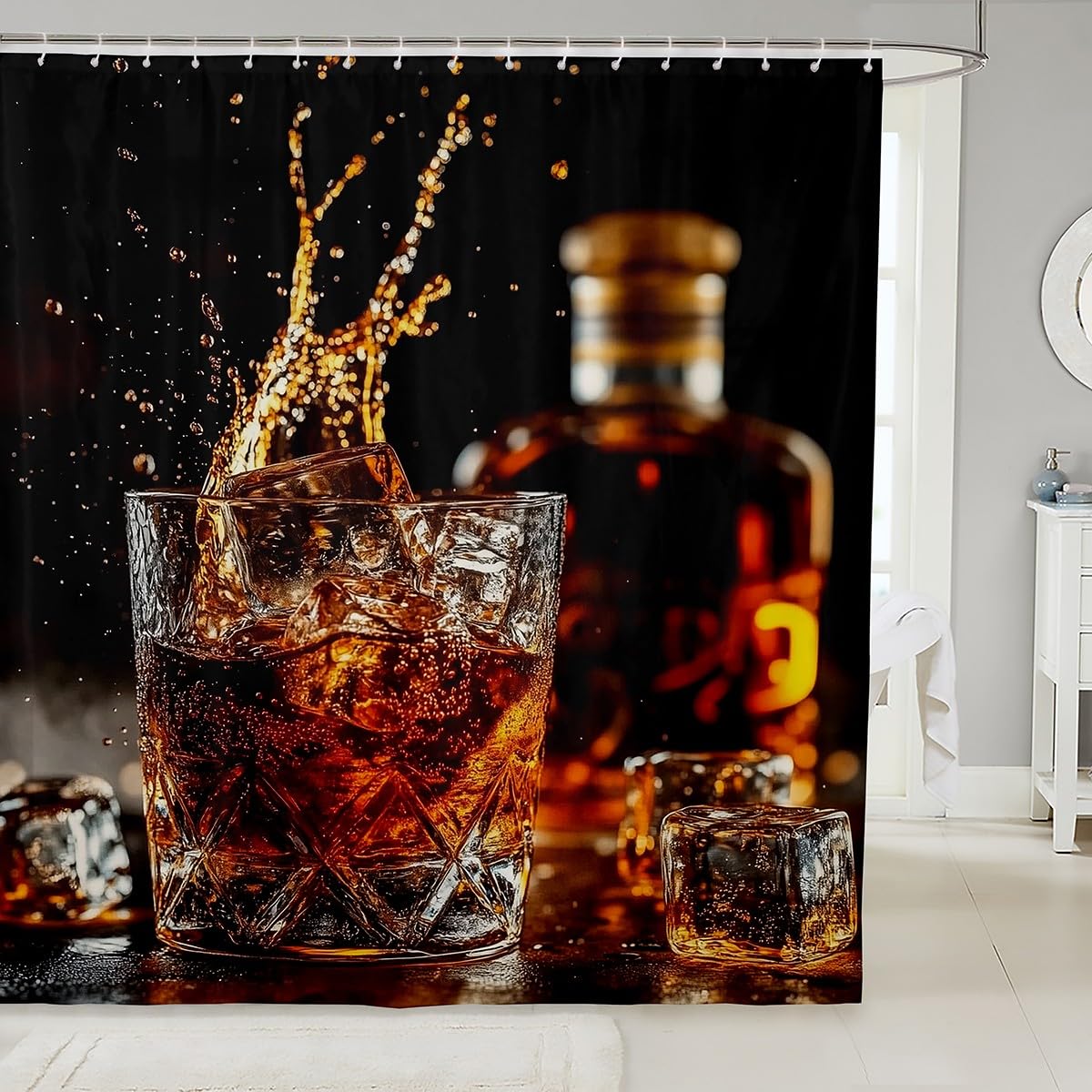 Duschvorhang für Kinder, Whisky-Getränke, Whisky-Malz-Likör, Trinkbadvorhang für Mädchen und Jungen, Bar, Bierglas, Westernmode, wasserdichte Vorhänge, 12 Haken, 183 x 198 cm (B x L)