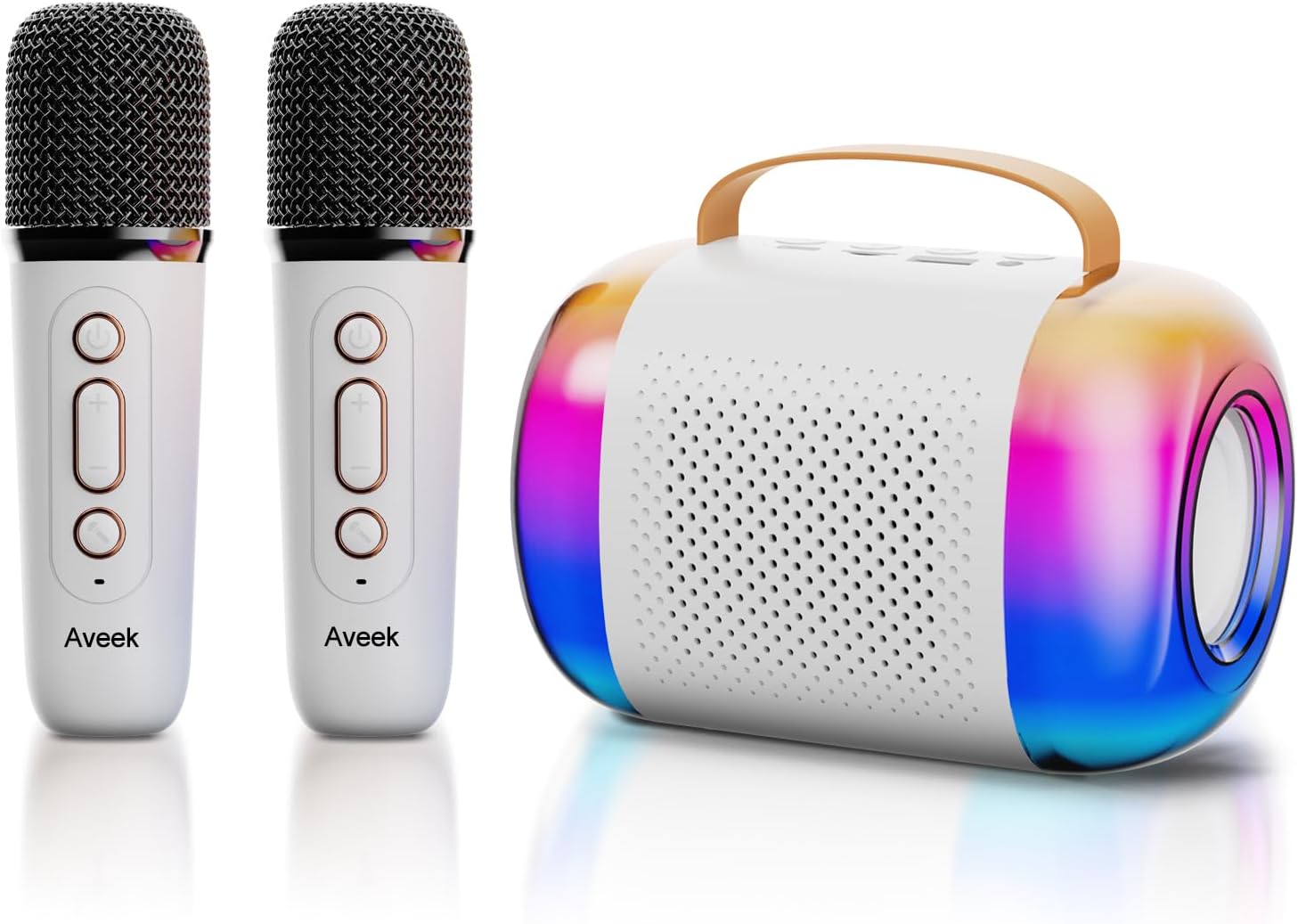 Aveek Mini Karaoke Machine V9 speaker and two wireless microphones.