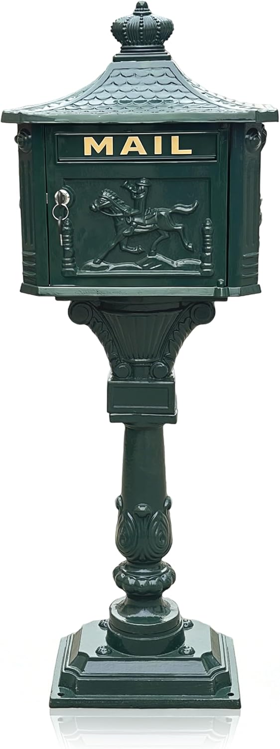 Vintage Cast Aluminum Mailbox with Post, Lockable Heavy Duty Metal Mailbox for Outside House, Decorative Classic Retro Mailbox with Anti-Theft Lock for Garden, Patio, Villa