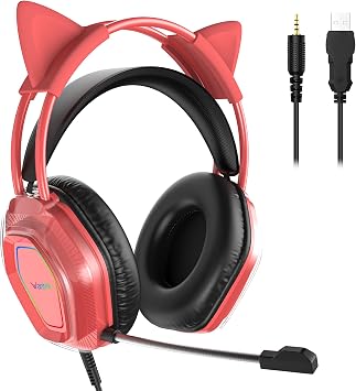 Wantek Cute Cat-Ear Gaming Headset - 50mm Drivers, Noise-Cancelling Mic, 3.5mm Wired Stylish & Lightweight Design Red