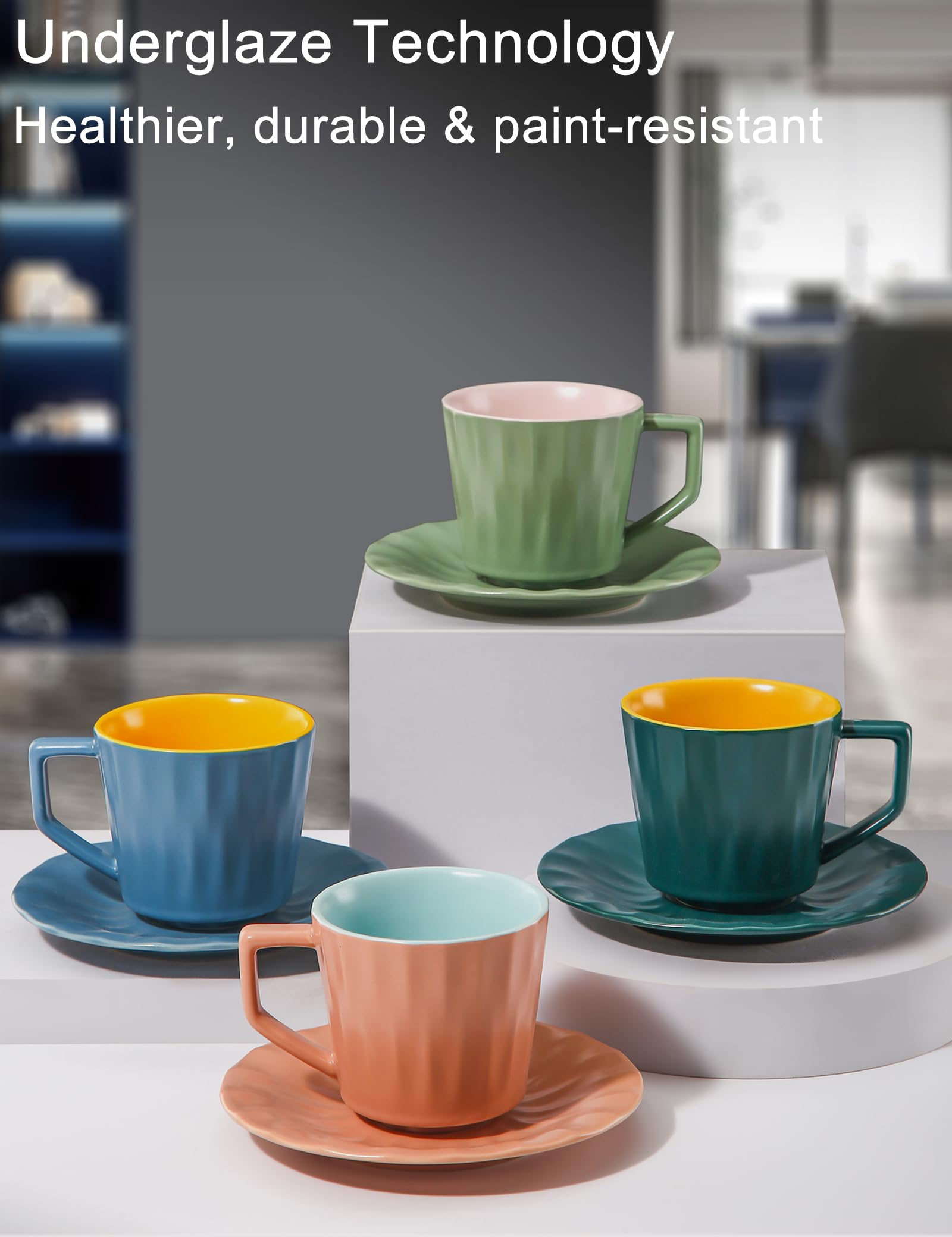 Juego de 4 tazas y platillos de té, tazas grandes de espresso de 7.5 onzas, taza de café de porcelana y platillo, taza de café apta para lavavajillas y microondas, para capuchino, latte,