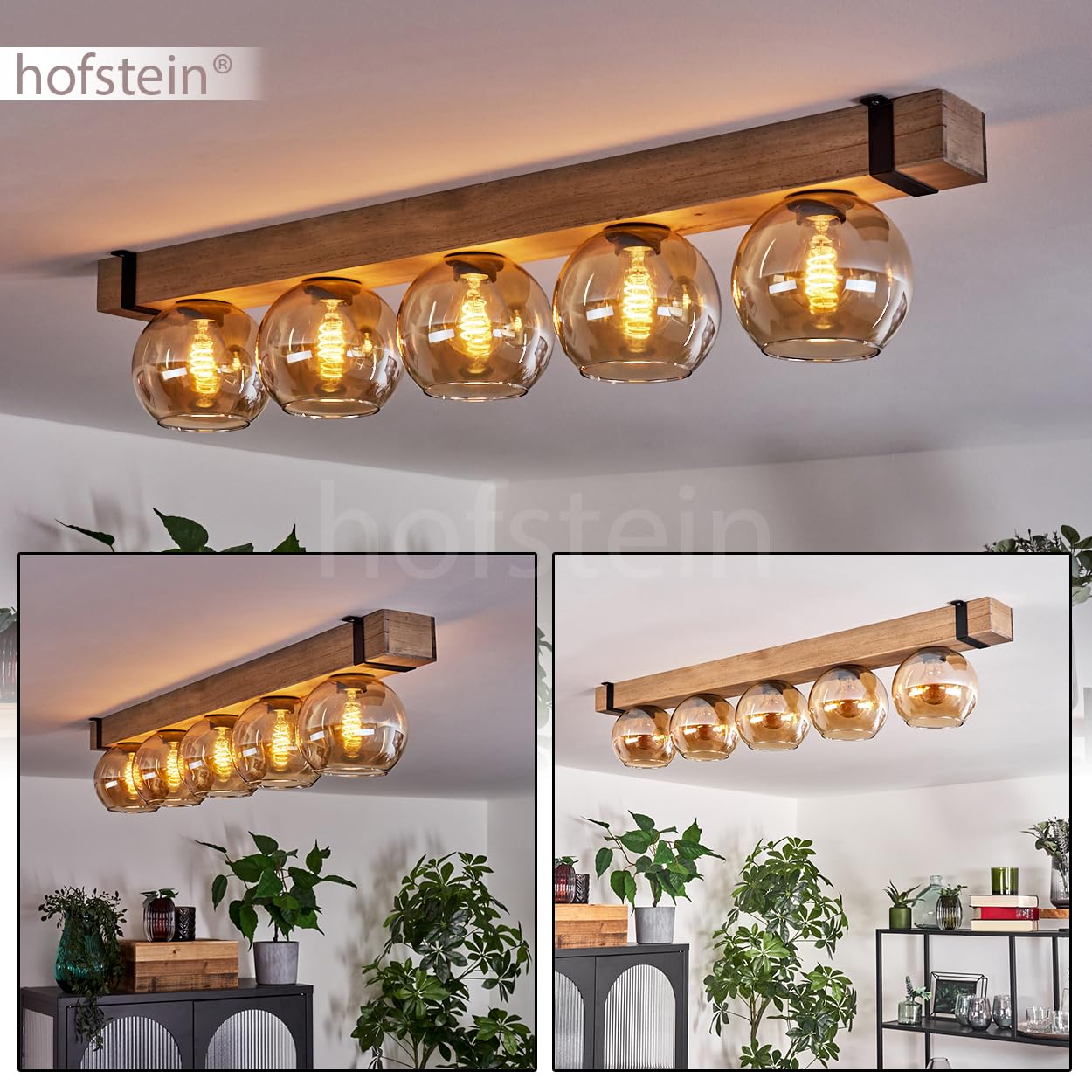 Lampa sufitowa Montgomery, lampa sufitowa z metalu/drewna/szkła w kolorze czarnym/naturalnym/bursztynowym, skandynawski design z drewnianymi belkami (100 cm) i szklanymi kulkami (Ø 15 cm), 5 x oprawka