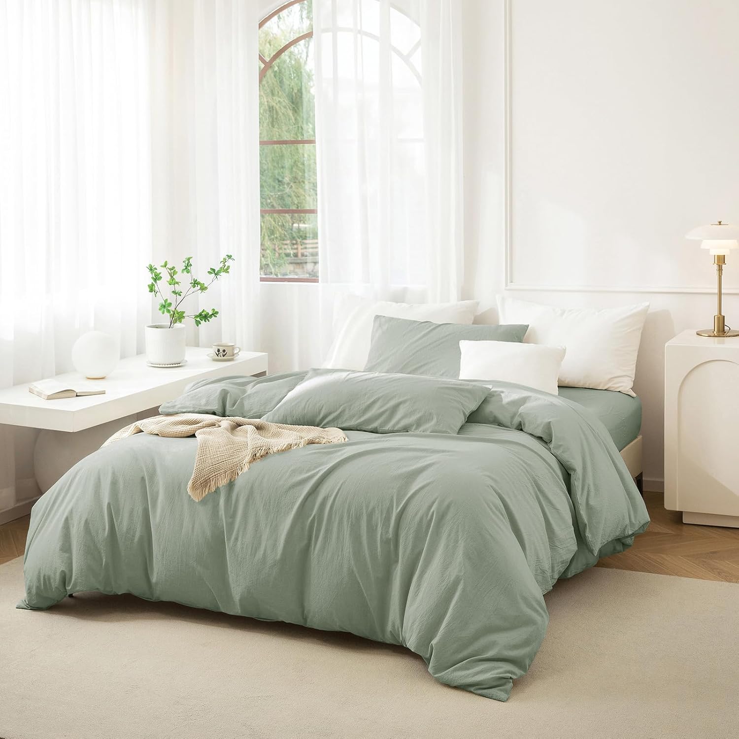 JIYUAN 100% Washed Cotton Duvet Cover Set 3 Pieces King, 1 Duvet Cover 104x90 Inches(Comforter Not Included) and 2 Pillowcases,Linen Feel Bedding Set Comfy and Breathable, Heathered Sage Green - Image 2