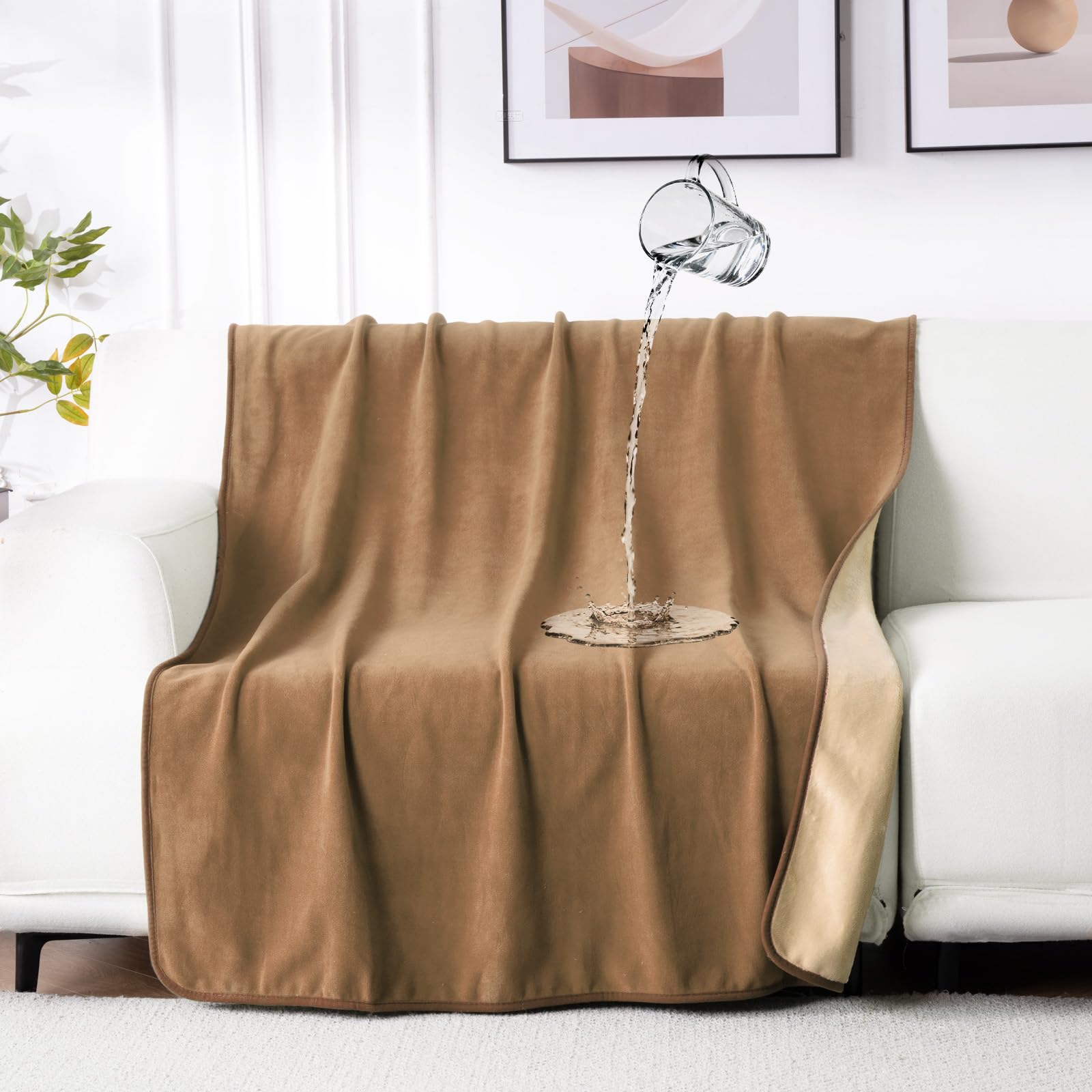 Qiyi Brown/Tan Waterproof Blanket For Bed Couch Sofa, Small Washable Reversible Flannel Throw, Leakproof Spill-Proof Mattress & Furniture Protector For Pets Dogs Cats, 102X153cm,