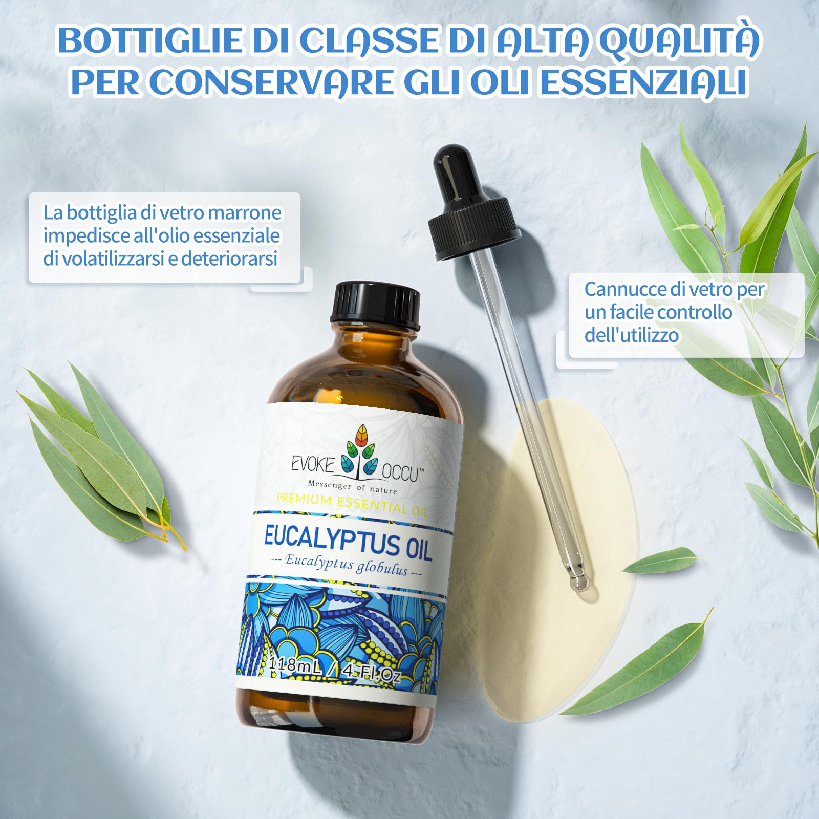 EVOKE OCCU Olio Essenziale Eucalipto 118ml, Puro per Rinfrescare la Mente, Purificare l'aria, la Cura Della Pelle, i Diffusori, l'aromaterapia e il Massaggio