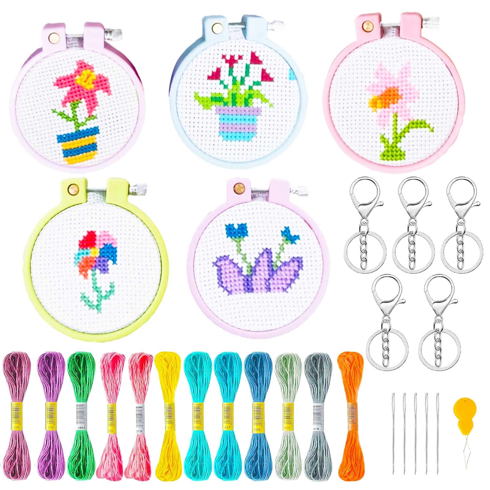 5 Piece Embroidery Starter Kit for Beginners Lovely Easy-to-Follow Cross Stitch Starter Kit with Various Accessories and Tutorial,DIY Stamped Cross Stitch Sewing Kit for Gift (C)