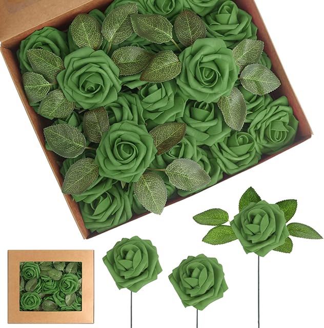 LOKIPA Artificial Rose Flowers, 30pcs Real Looking Blush Foam Fake Roses with Stems for DIY Wedding Bouquets Bridal Shower Centerpieces Party Decorations