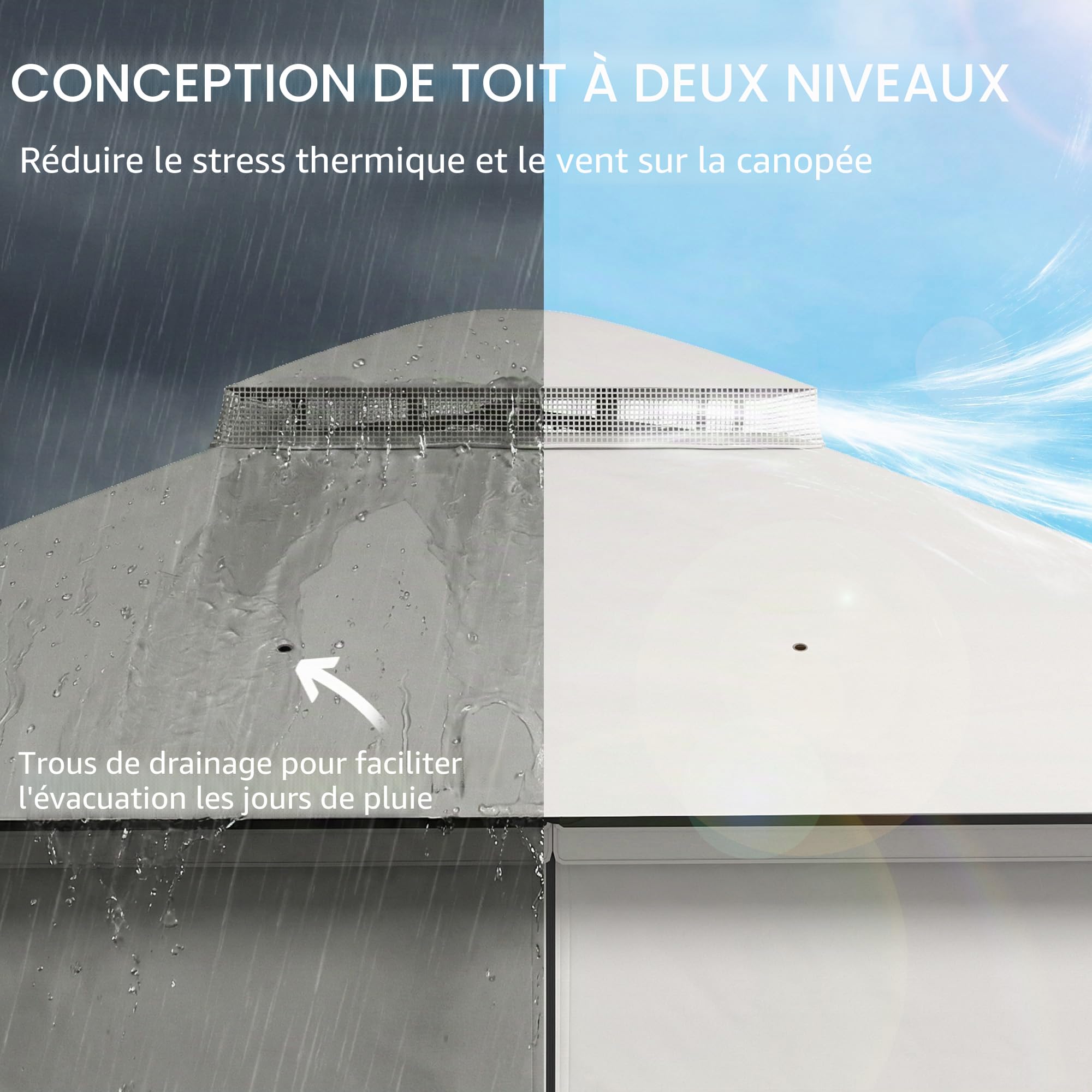 Outsunny Tonnelle de jardin 3x3,6 m, Pavillon de jardin Gazebo avec double toit, 4 parois latérales et moustiquaire, structure métallique, drainage, tente pour extérieur, terrasse, patio, gris clair