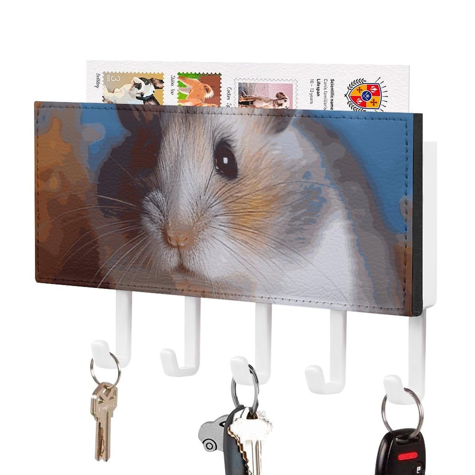 DWVTSLH Hamster Key Holder for Wall, Decorative Key Hooks with Mail Organizer & 5 Hooks, Self Adhesive Leather Key Hanger for Entryway, Wall Mounted Key Rack (7.1” X 4.3” X 0.9”)