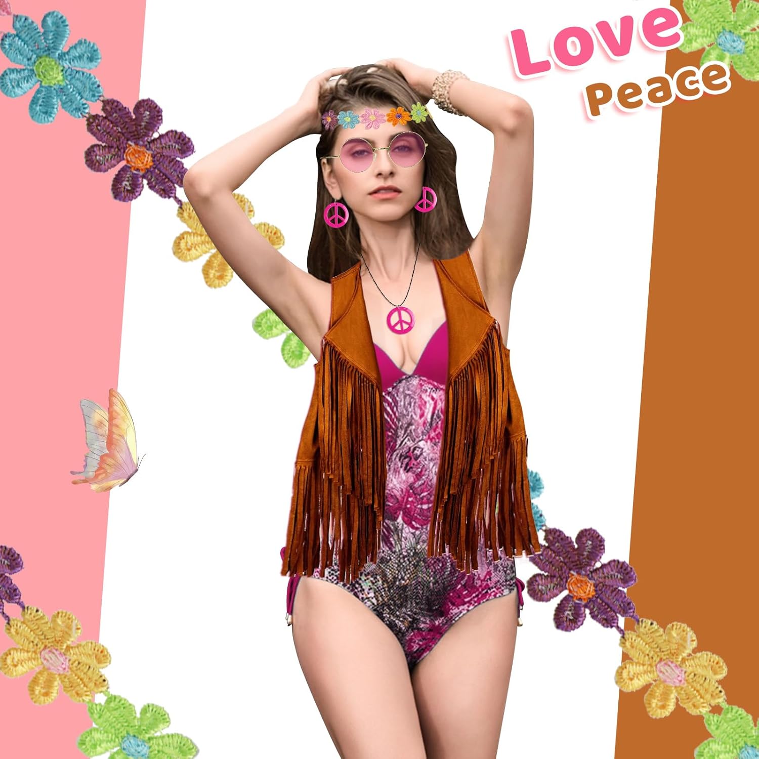 FunMular 60s 70s Outfits for Women Disco Hippie Costume Clothes Woman Peace Sign Earring Headband Fringe Vest Tassel Cardigan - Image 6