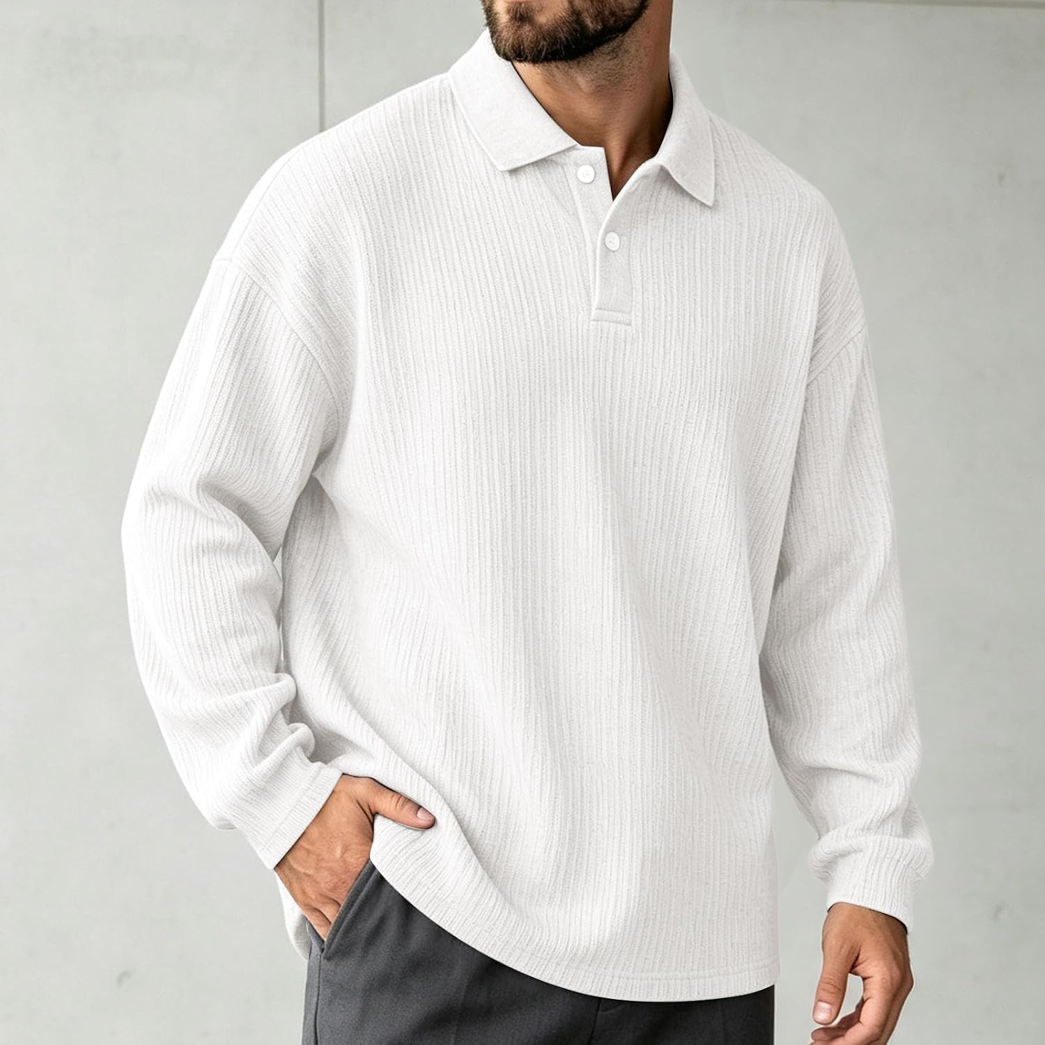 Men's Ribbed Fleece Lined Polo Shirt Long‑Sleeve Loose Pullover Top