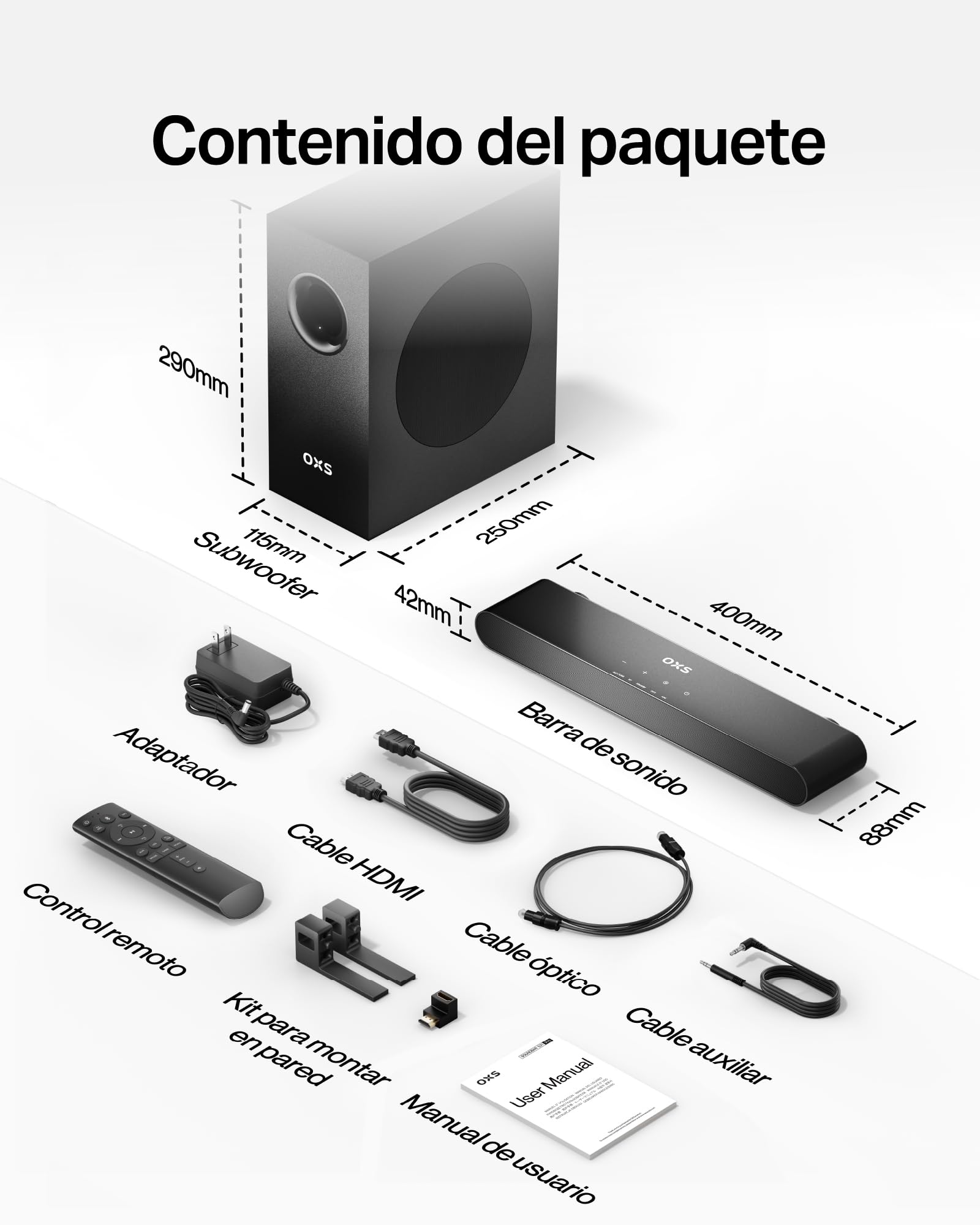 OXS S21 Barra de Sonido, 2.1 con subwoofer, Sonido Preciso con Graves Profundos, 180 W, 3 Modos de Ecualización, Ideal para Películas, Música y Juegos, Diseño Ultra Compacto, Fácil instalación