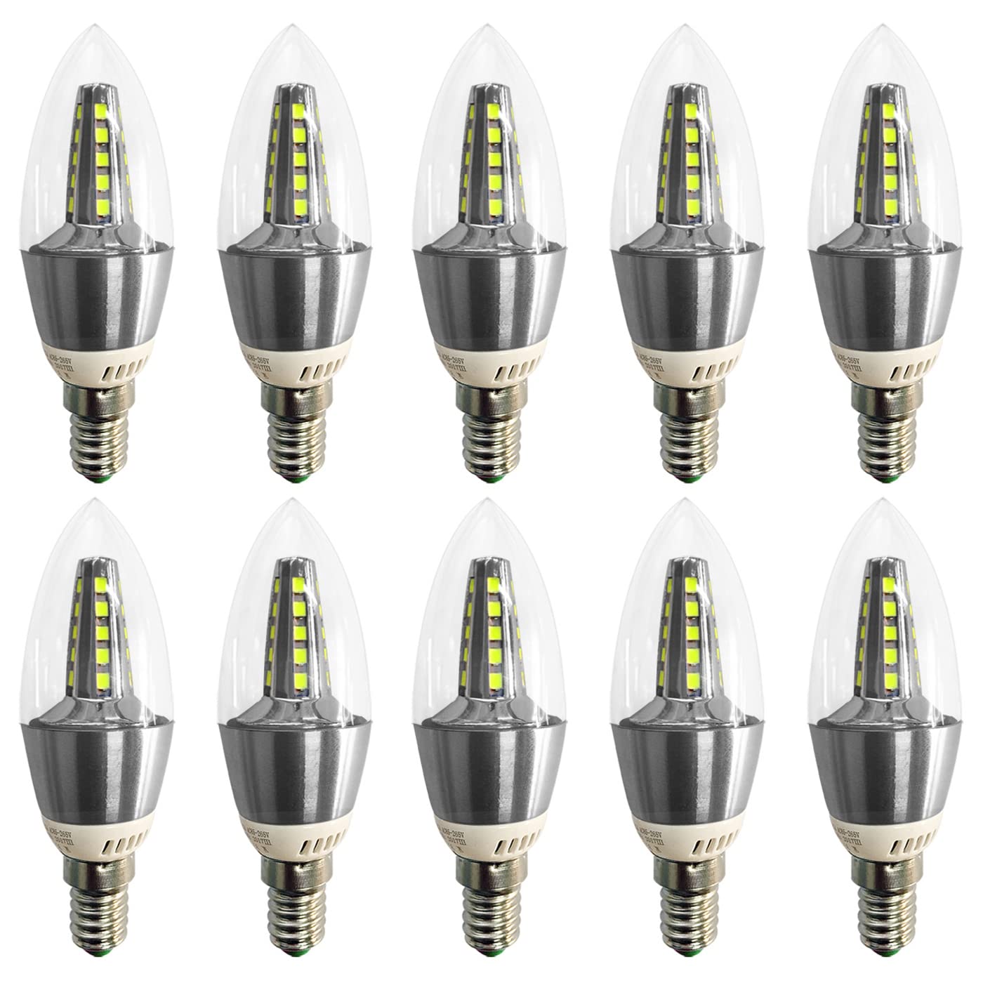 RYTM (Confezione da 10) Lampadine a LED, Lampadina a mais con base E14, Lampadine a candela a LED 5W 500LM 50 Watt equivalenti, 3000K 6000K Non dimmerabile CA 85 V ~ 265 V (Silver 6000K)