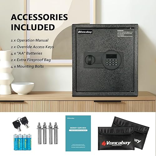Miniatura 5 de Voncabay Caja fuerte de dinero para el hogar con sensor de luz y bolsa de dinero ignífuga, caja fuerte de seguridad de 1.5 pies cúbicos con teclado