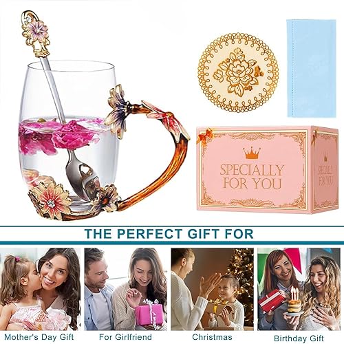 Miniatura 5 de Taza de té de flores de margarita, tazas de café esmaltadas de vidrio hechas a mano con cuchara delicada, regalo de cumpleaños para esposa, madre,