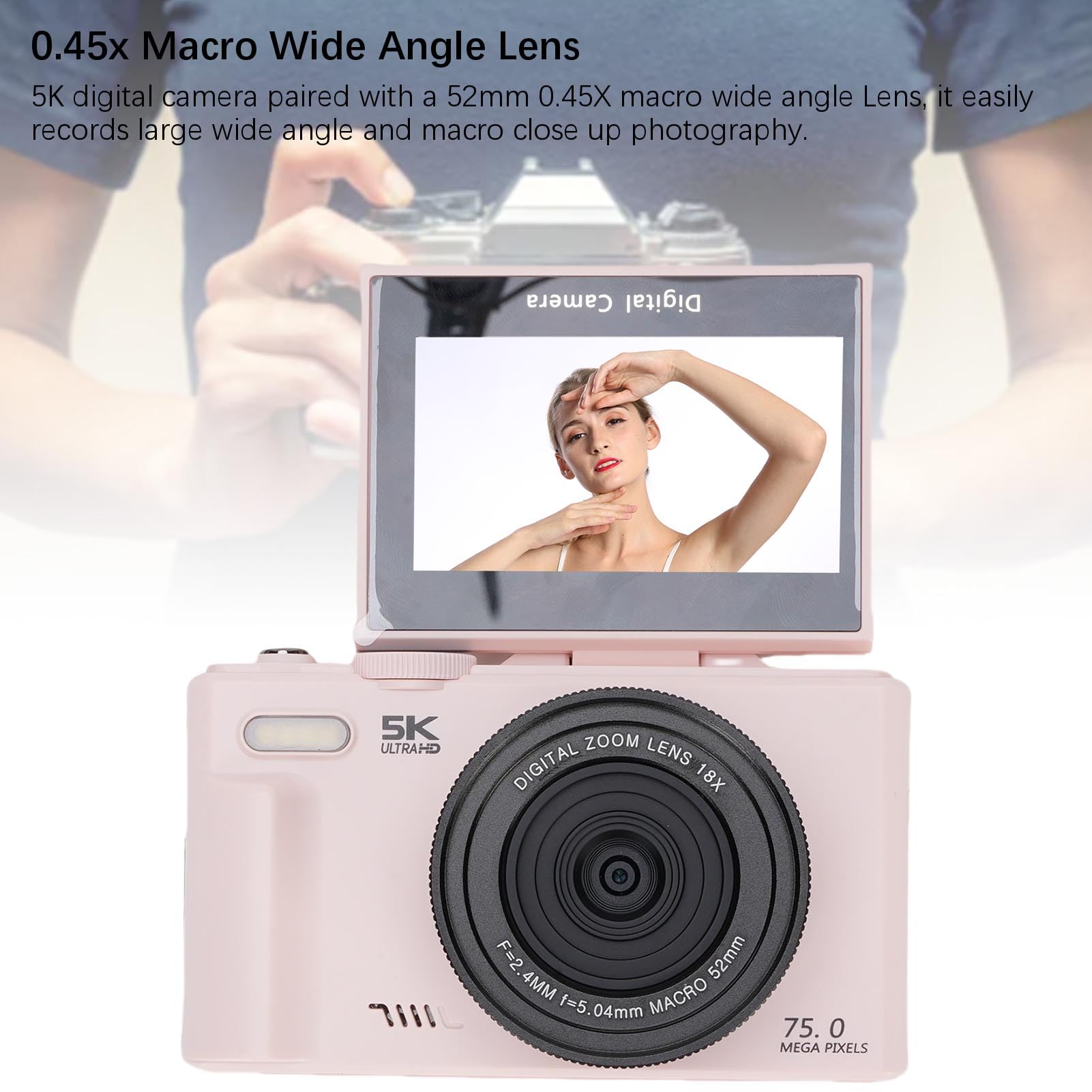 Cámara Digital 5K 75MP, WiFi 18X Zoom 3.0" Pantalla Abatible 180° con Tarjeta de 32GB, Lente Macro de 52mm, Luz de Relleno LED, 19 Filtros para Fotografía y Vlogging