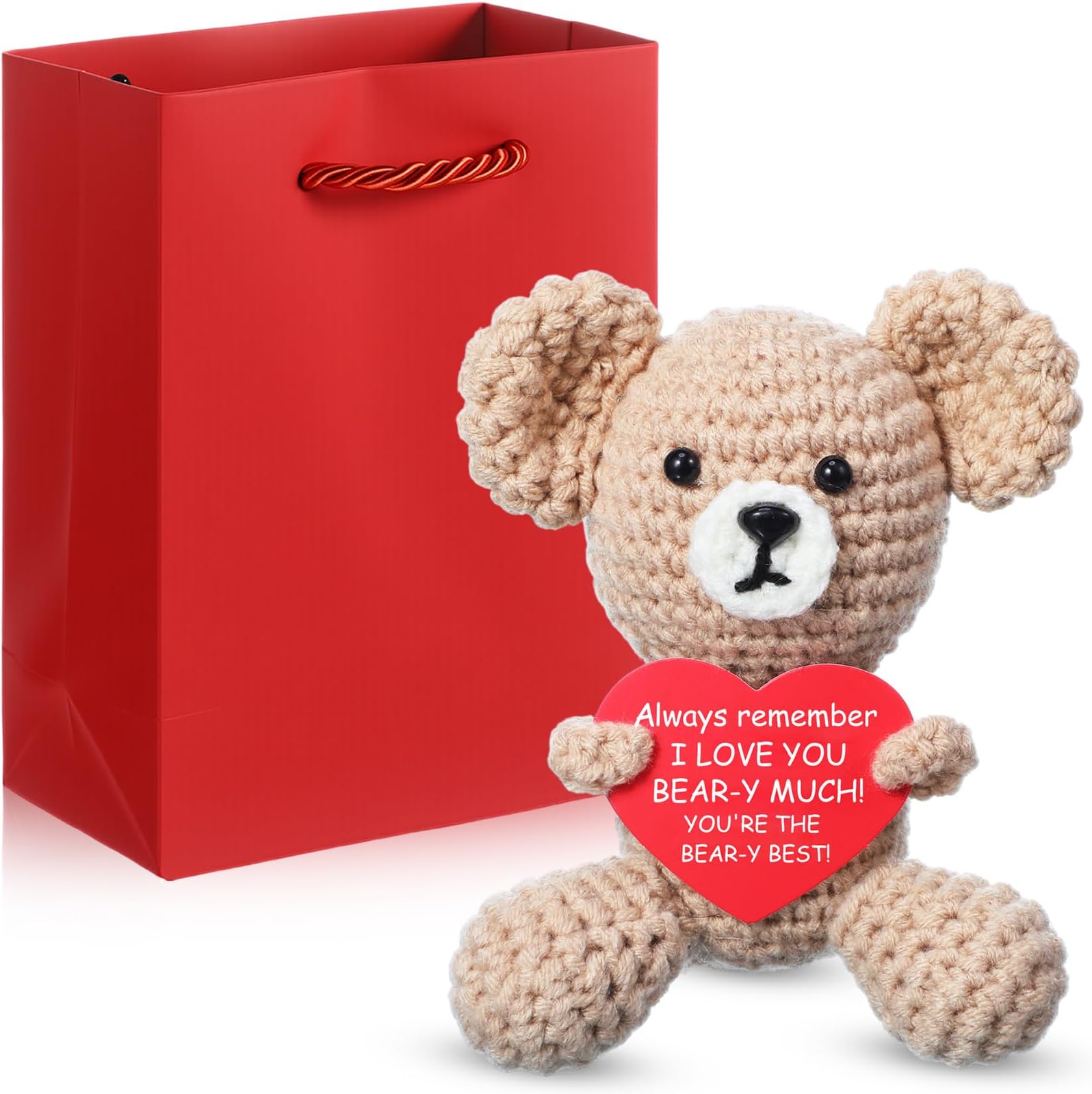 Leinuosen Funny Valentines Gift for Her Girlfriend Bear Crochet Plush with Gift Bag Romantic Anniversary Birthday Present for Couple Lover Him Boyfriend, Cute Sweet Crochet Present to Women Wife