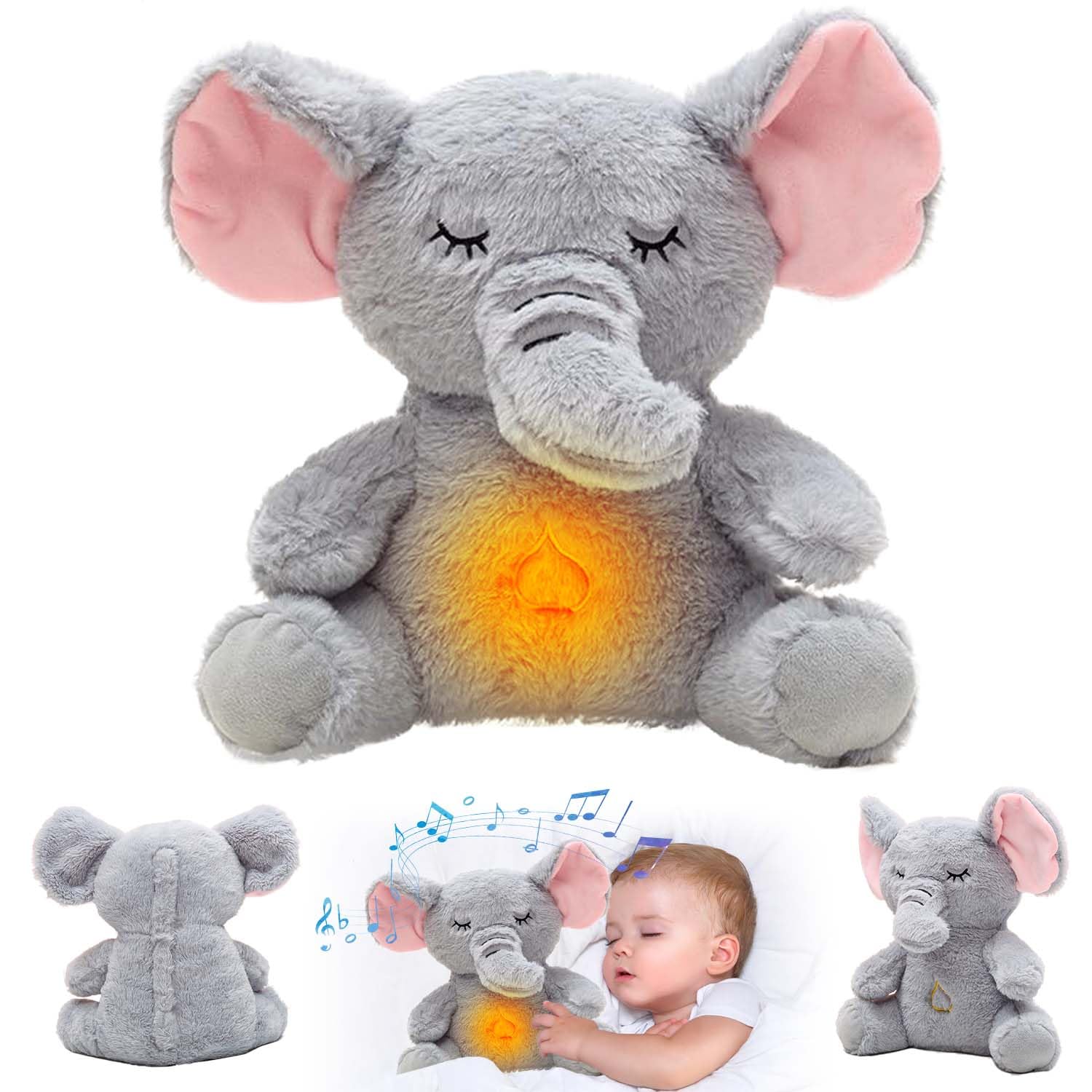 WELLXUNK Elefante Peluche Que Respira para Dormir, Elefante Peluche Que Respira y Late el corazón, Bebé Durmiendo Elefante Juguete con Música Luces Y Movimientos De Respiración Ayuda para Dormir