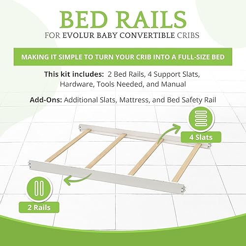 Vista 134 de Kit de conversión de tamaño completo, rieles de cama para cunas Evolur, kit convertible de cuna de madera maciza para cama de niños, rieles de Blanco