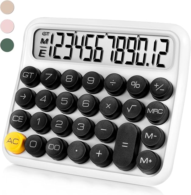 GUDTEKE White Calculator 12 Digit Large LCD Display Office Calculator Handheld Mechanical Calculator Big Buttons Calculators Desktop for Daily and Basic Office Supplies