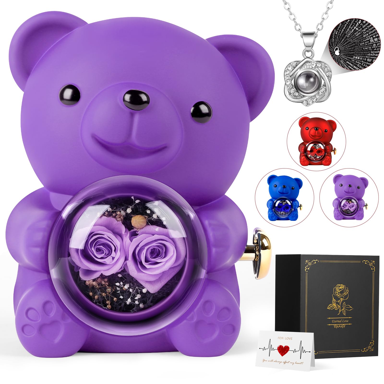 Rosen Bär Teddy Mit Halskette, Konservierter Rosen Bär Ewige Echte Rose Blumen Geschenkbox Geschenke für Frauen Freundin Mutter Muttertagsgeschenk Weihnachten Valentinstag, Lila