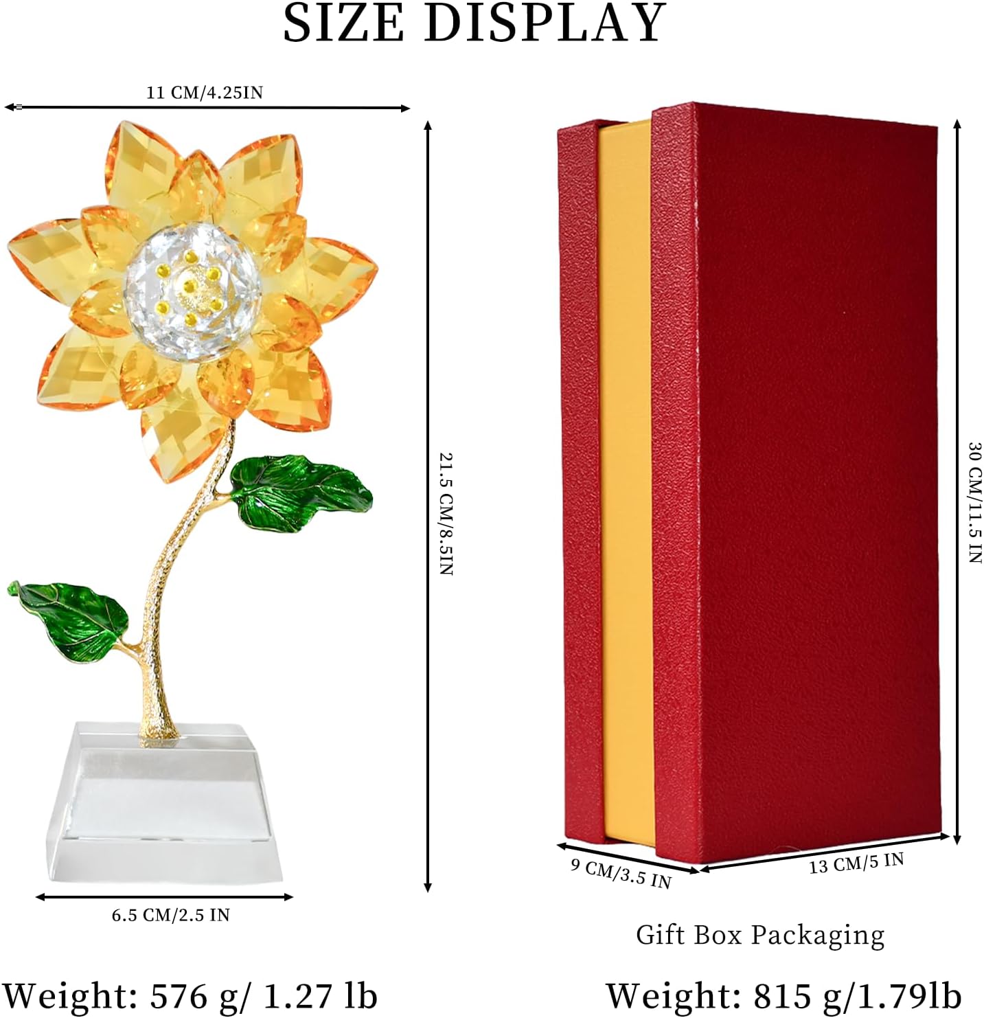 Golden Sunflower Crystal Flower Figurine with Base - Handmade Glass Crystal Sunflower Ornament with Gold-Plated Stem & Green Enamel Leaves, Tabletop Home Decor Good Luck Gift for Women