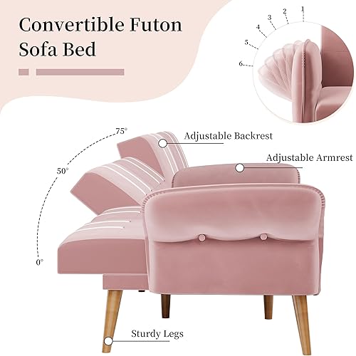 Miniatura 7 de JAMFLY Sofá cama futón de terciopelo de 69 pulgadas, sofá cama convertible con reposabrazos y respaldo ajustables, moderno sofá biplaza para sala de