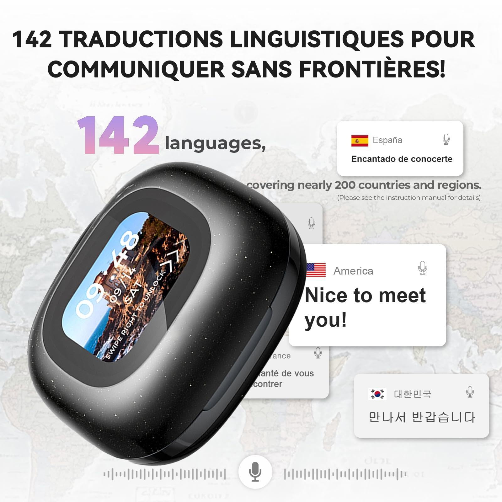 AI Écouteur Traducteur Instantané, Écouteur traducteur Vocal Temps Réel Bluetooth avec écran de Couleur LCD Touch, sans Fil Réduction du Bruit Oreillette, 144 Langues