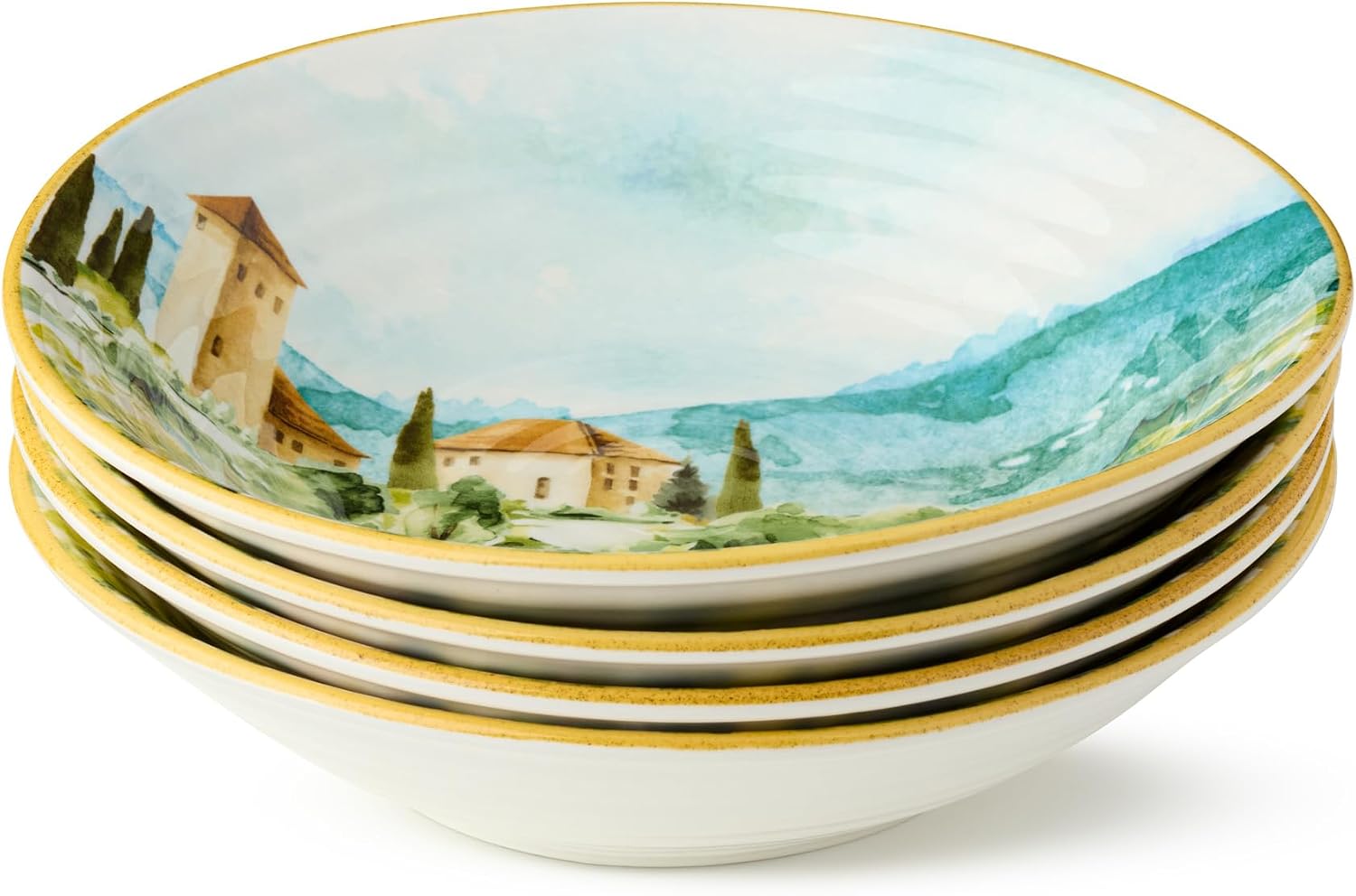 Tuscany 4-Piece Stoneware Pasta Bowl Set – Rustic Italian-Inspired Design with Printed Vineyard Scene – Perfect for Pasta, Salads, Soups, and Cozy Weeknight Dinners