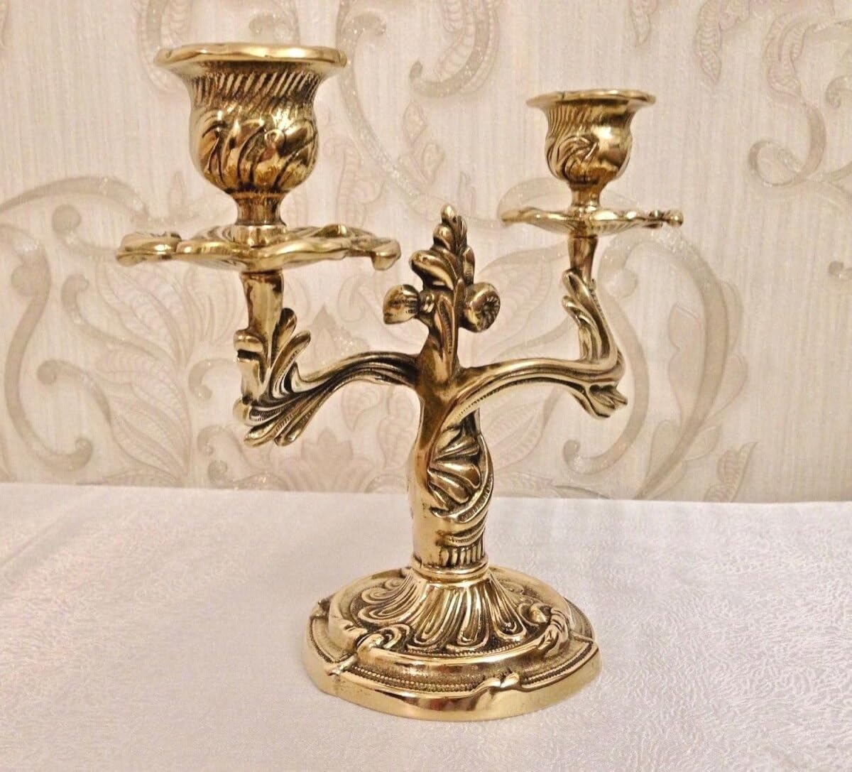 100% ottone anticato, candelabro a 2 fiamme, oro 18 cm, massiccio candelabro da tavolo