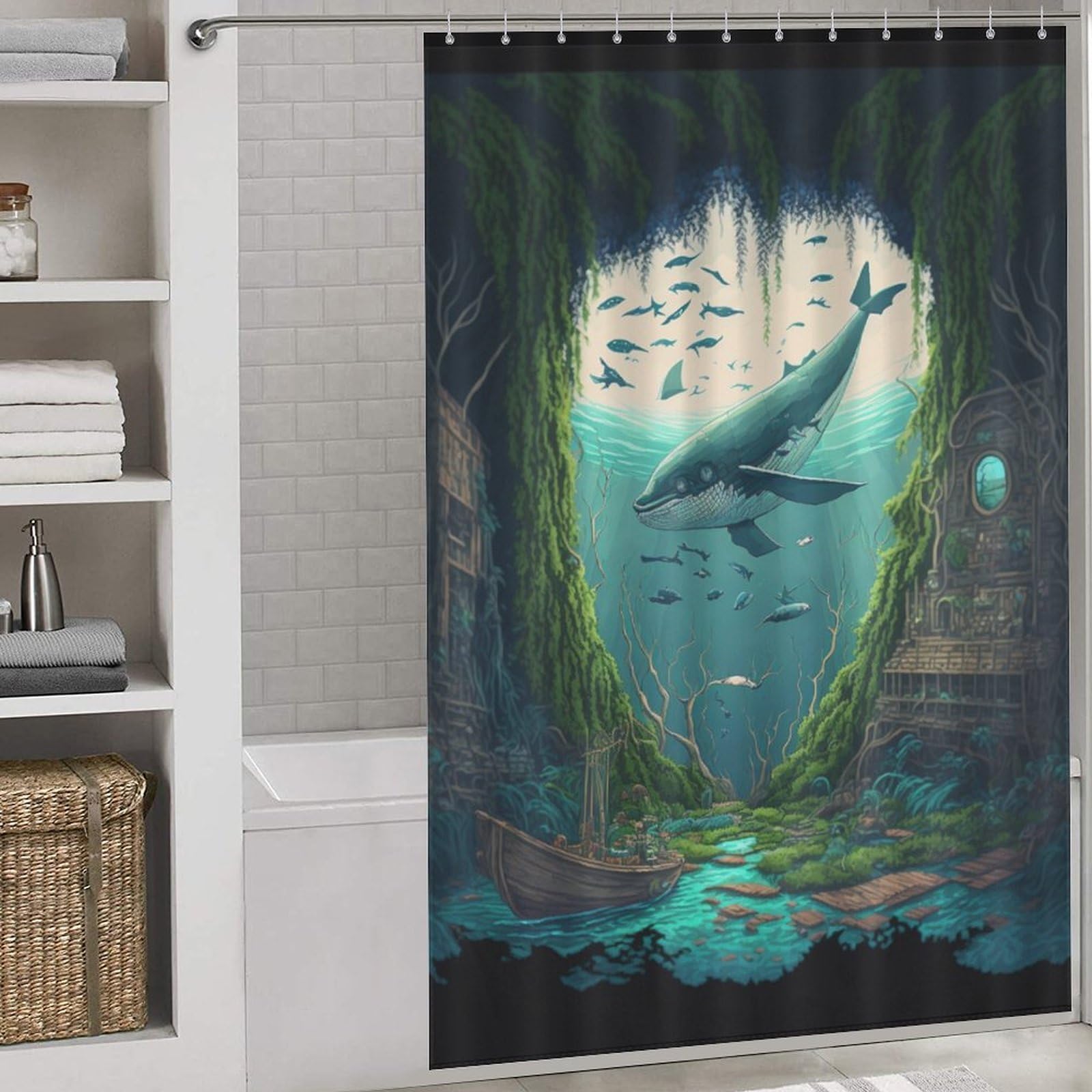 Rideau de douche baleine tissu polyester imperméable lavable avec crochets salle de bain