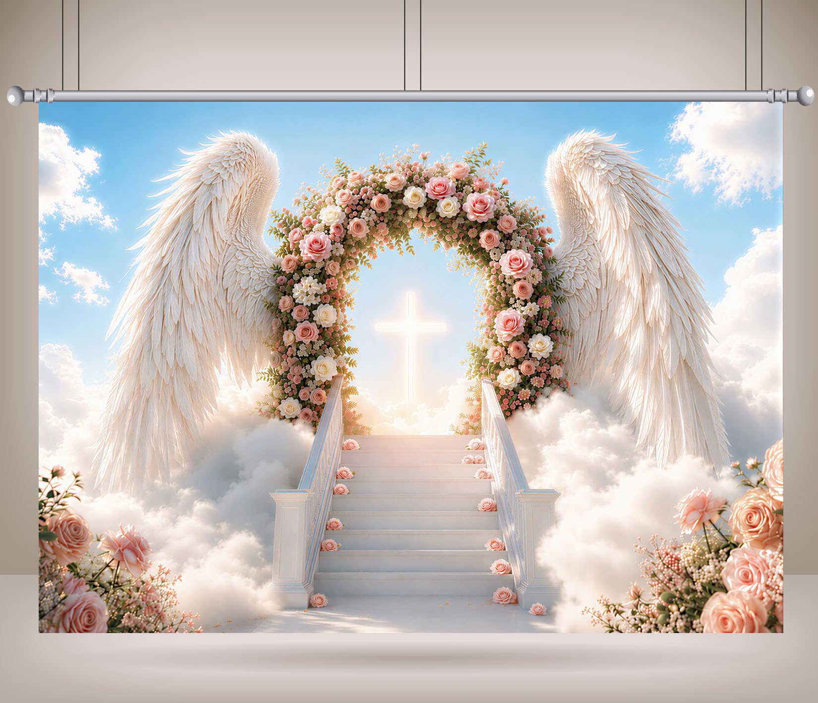 15x10FT (4.6x3m) Portale Celeste Di Rose E Ali Sfondo Fotografico | Arco Pastello Nuvoloso Fondale In Tessuto,Ali Bianche Croce E Scala Fiorita,Feste Di Battesimo,Personalizzabile,Photo Booth