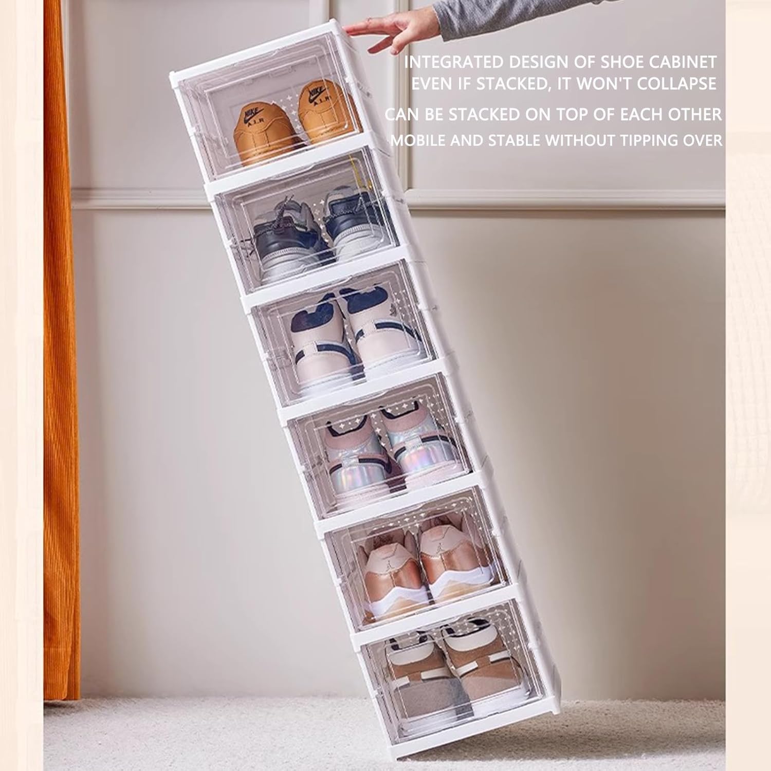 Foldable Shoe Rack,No Assembly Stackable Shoe Storage Box with Doors,Free Standing Plastic Space Saving Shoe Cabinet Bins Dustproof,Folding Shoe Box Organizers (6 Tier-6 Pairs White)