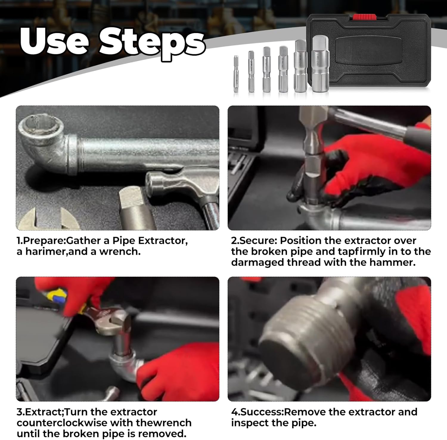 6-Piece Heavy Duty Pipe Extractor Set, Broken Pipe Removal Tool Kit 1/8" 1/4" 3/8" 1/2" 3/4" 1" for Removing Damaged Threaded Pipes & Fittings, with Durable Storage Case